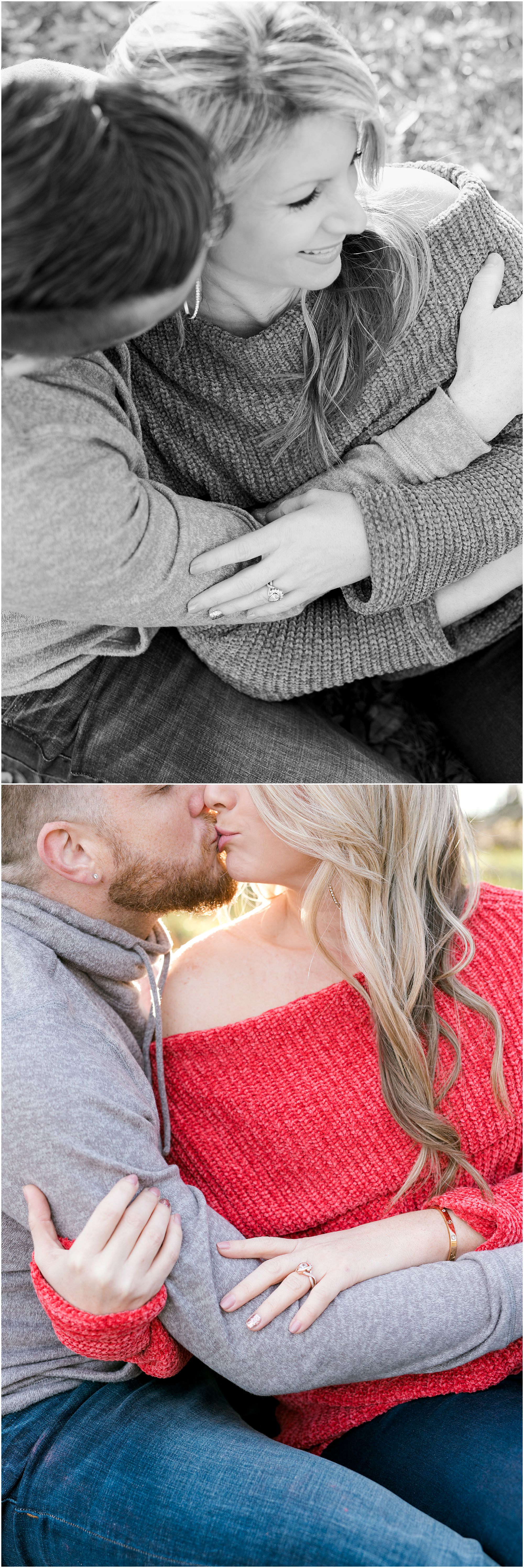 Couple sitting on the ground and holding each other at their engagement session