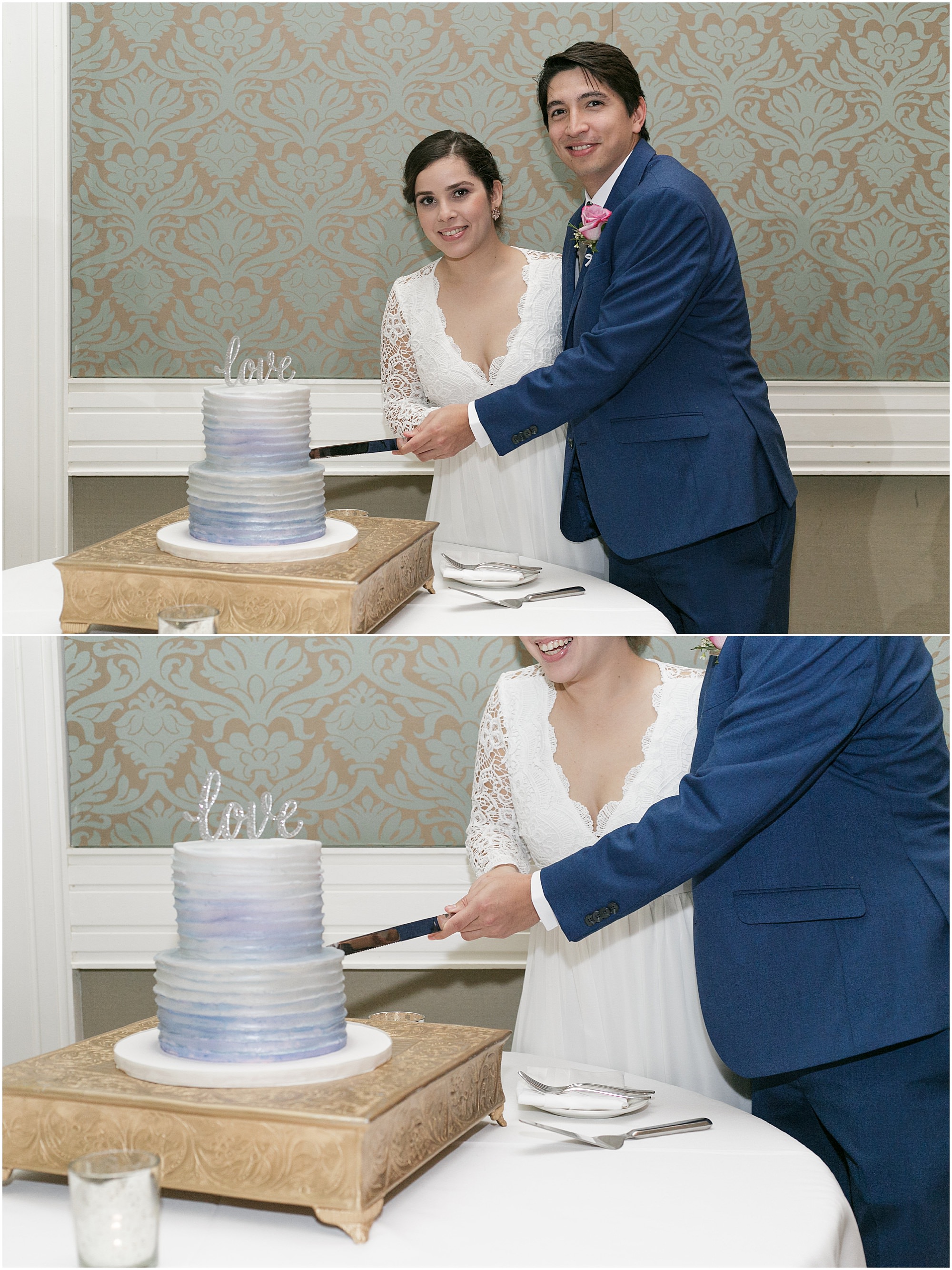 Couple slice into their wedding cake