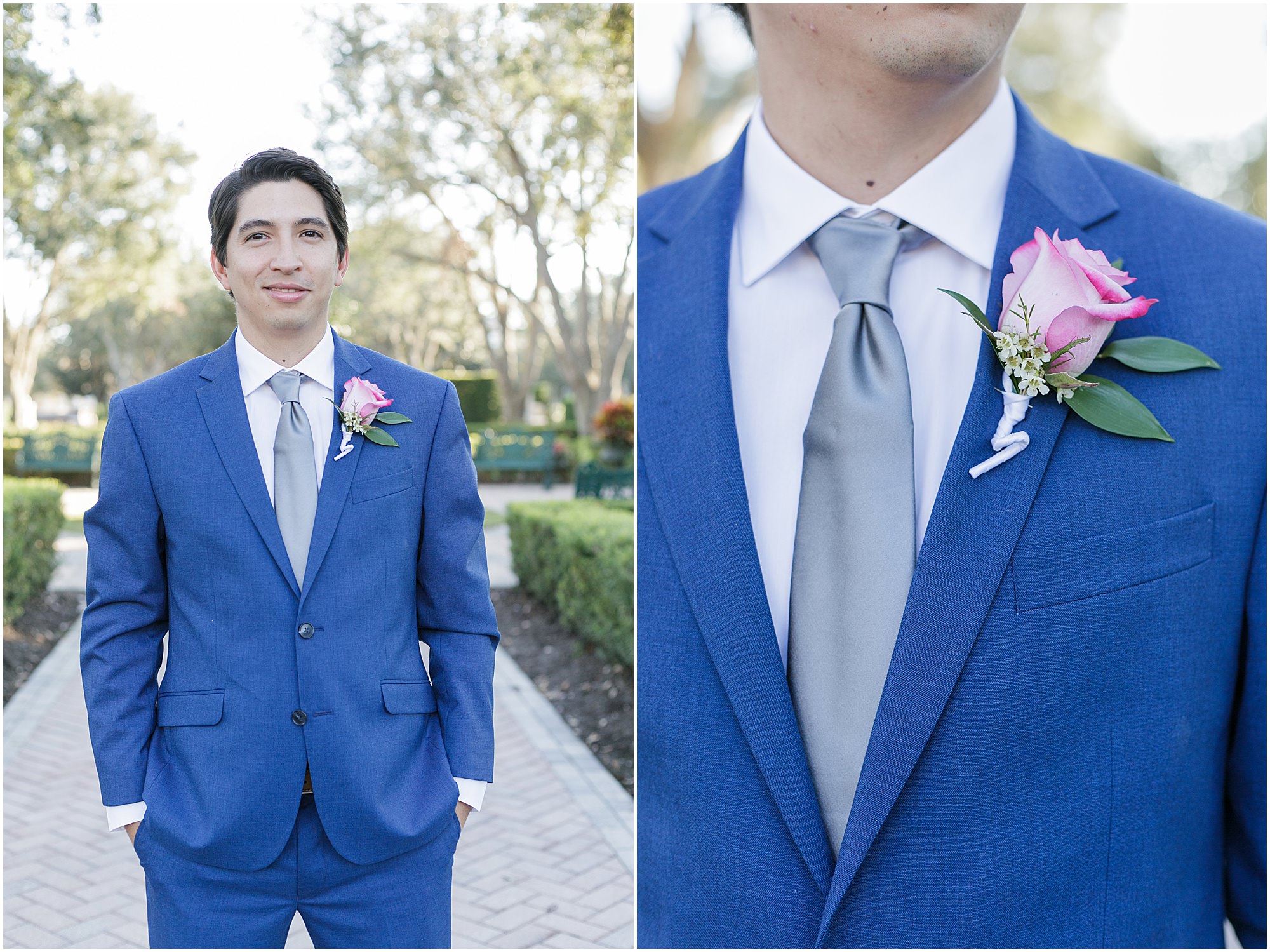 Groom in a blue suit with a close up of his boutonniere made up of a single pink rose. 
