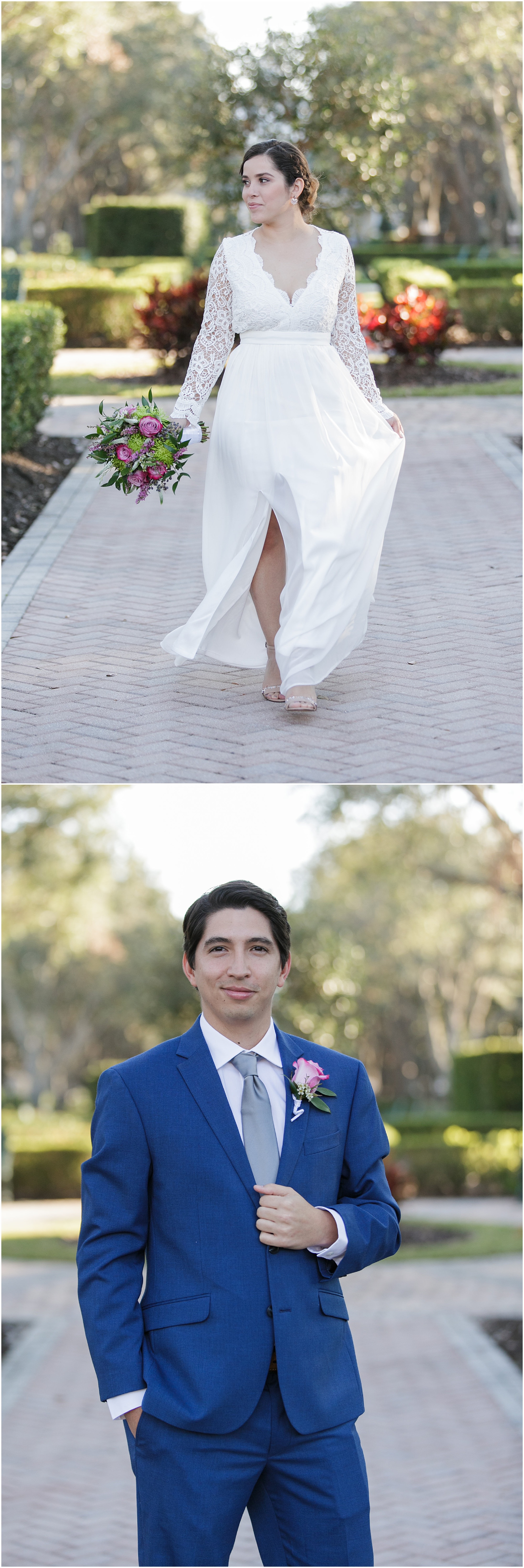 One photo of the bride walking down the sidewalk and another photo of the groom in a blue suit. 
