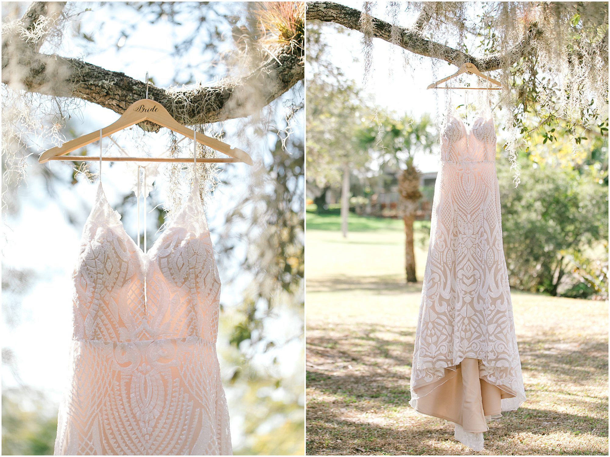 Dusty rose and burgundy wedding dress hanging from an old oak tree