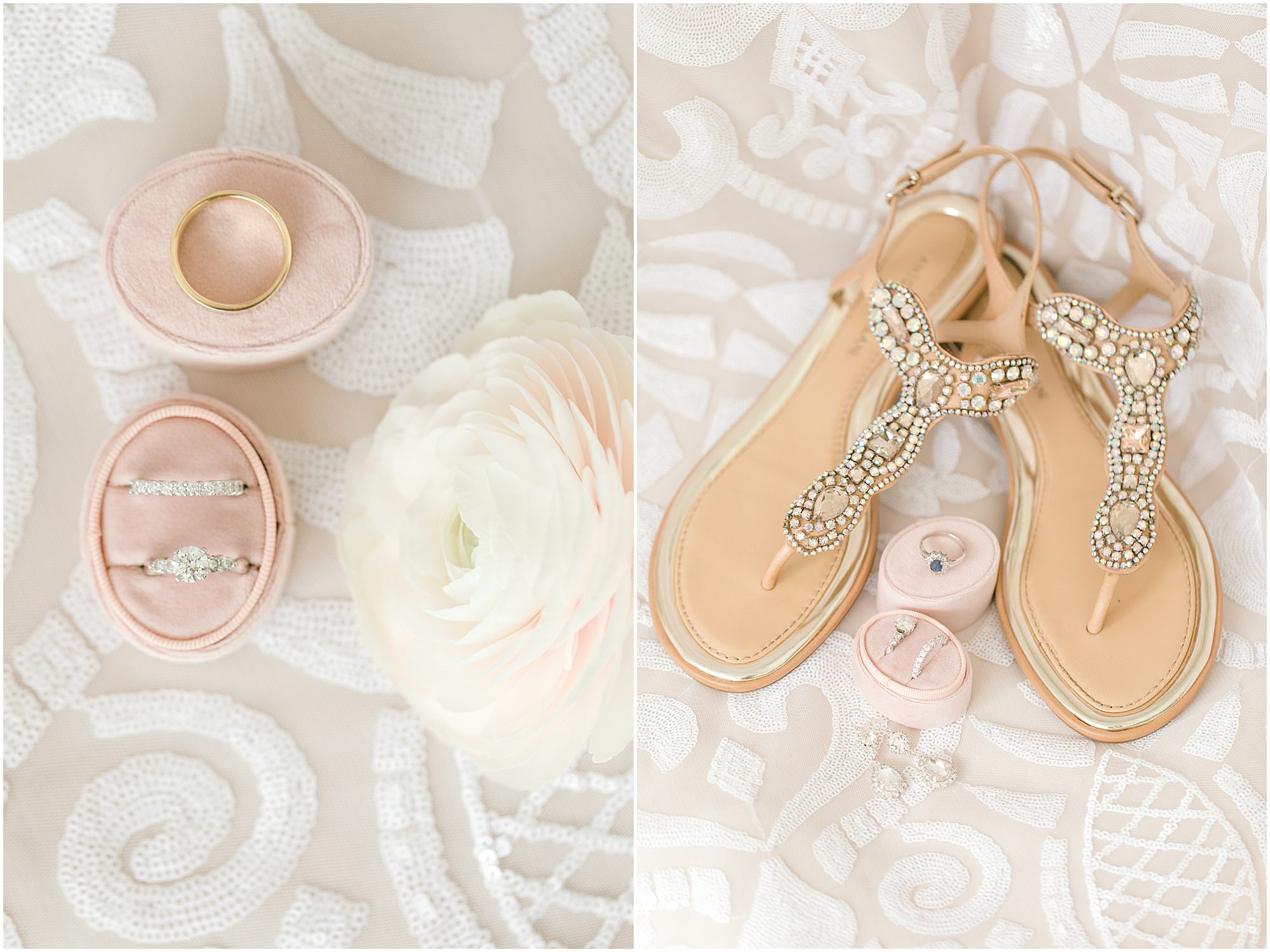 Wedding shoes, wedding rings, and earrings sitting on top of the brides Hayley Paige Dusty Rose colored wedding dress
