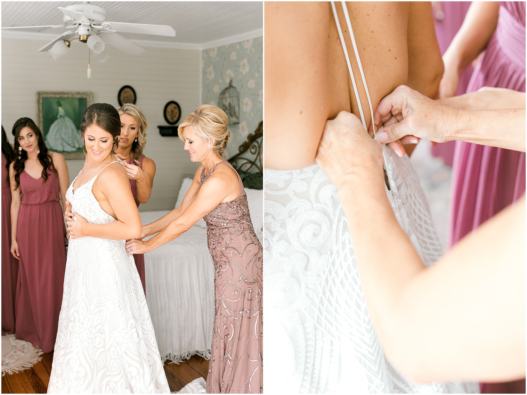 Bride being helped into her dress with bridesmaids in shades of dusty rose and burgundy looking on. 