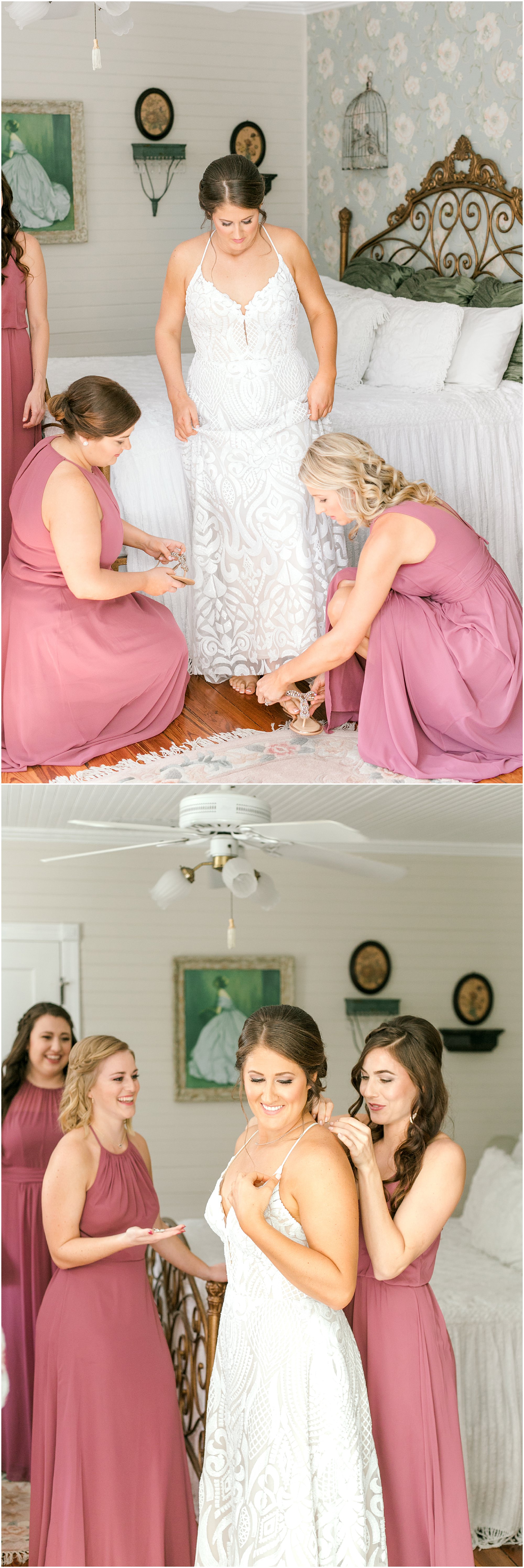 Bridesmaids in dusty rose colored dresses helping the bride into her dress and putting on her shoes. 