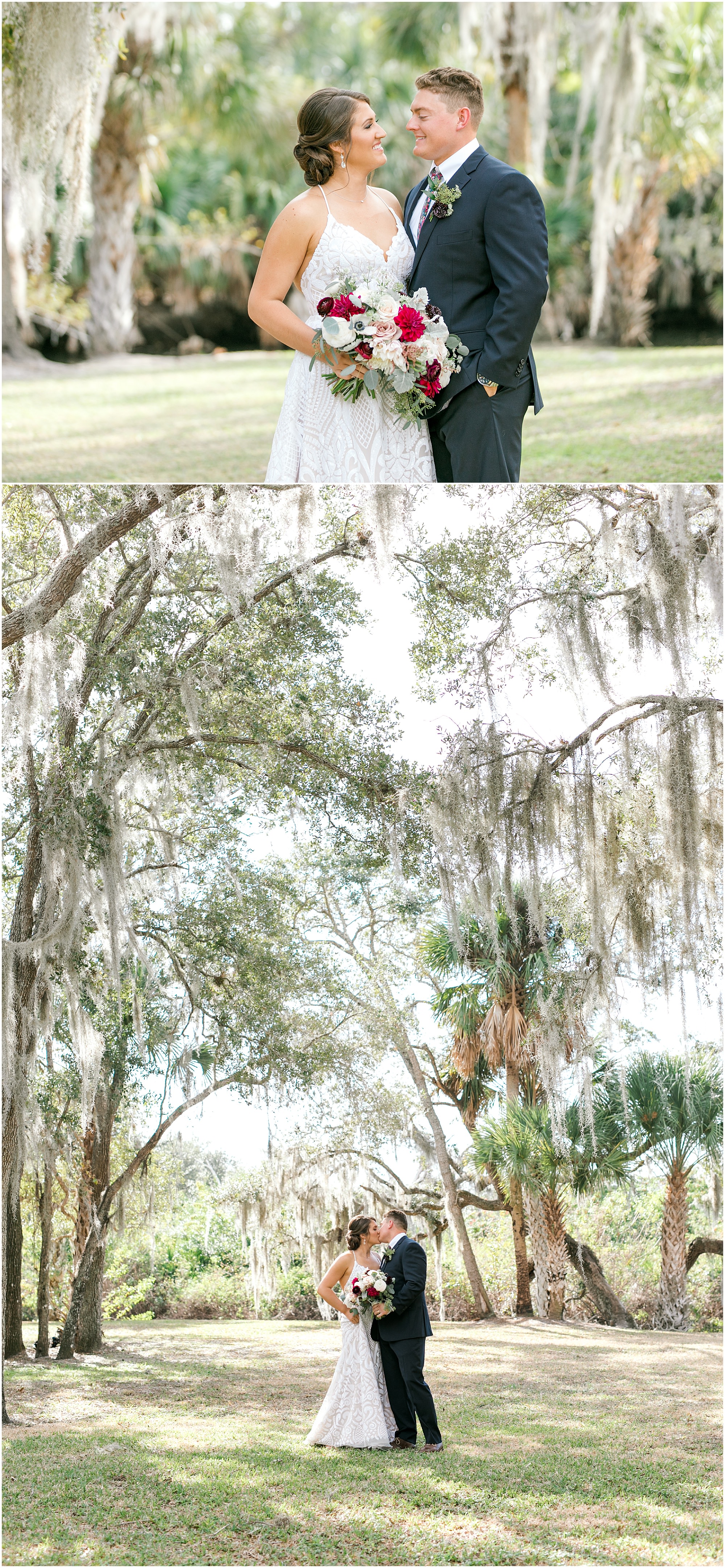 Dusty Rose and burgundy wedding couple kissing while standing under old oak trees with hanging moss