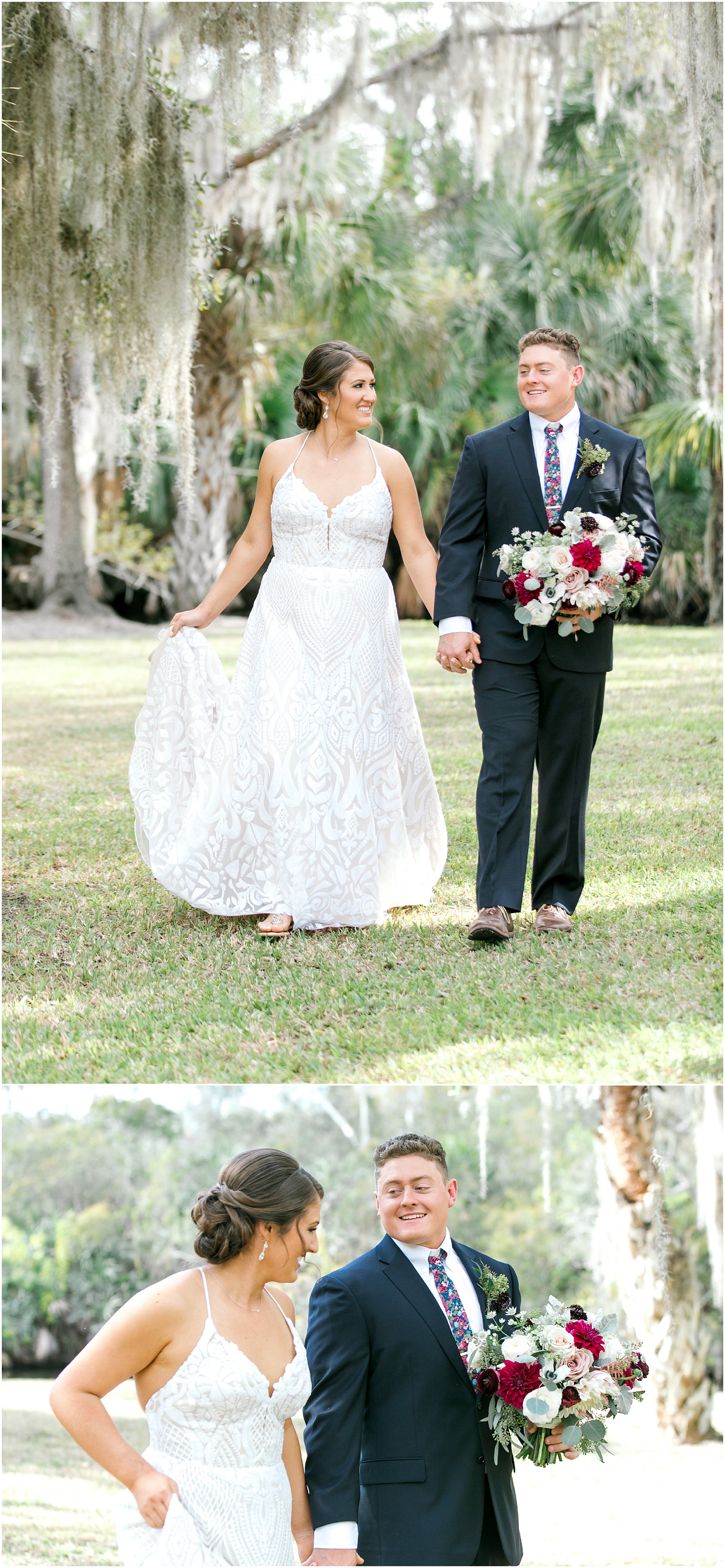 Couple walking and holding hands at their dusty rose and burgundy wedding