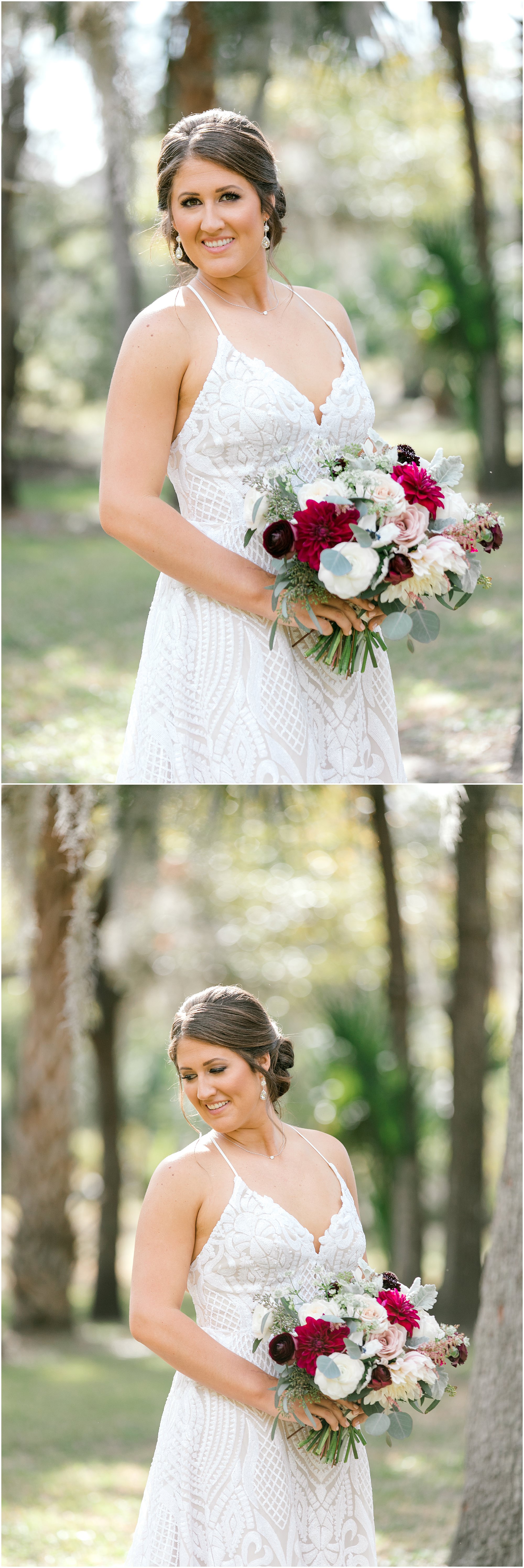 Bride in dusty rose dress holding her bouquet with burgundy color flowers