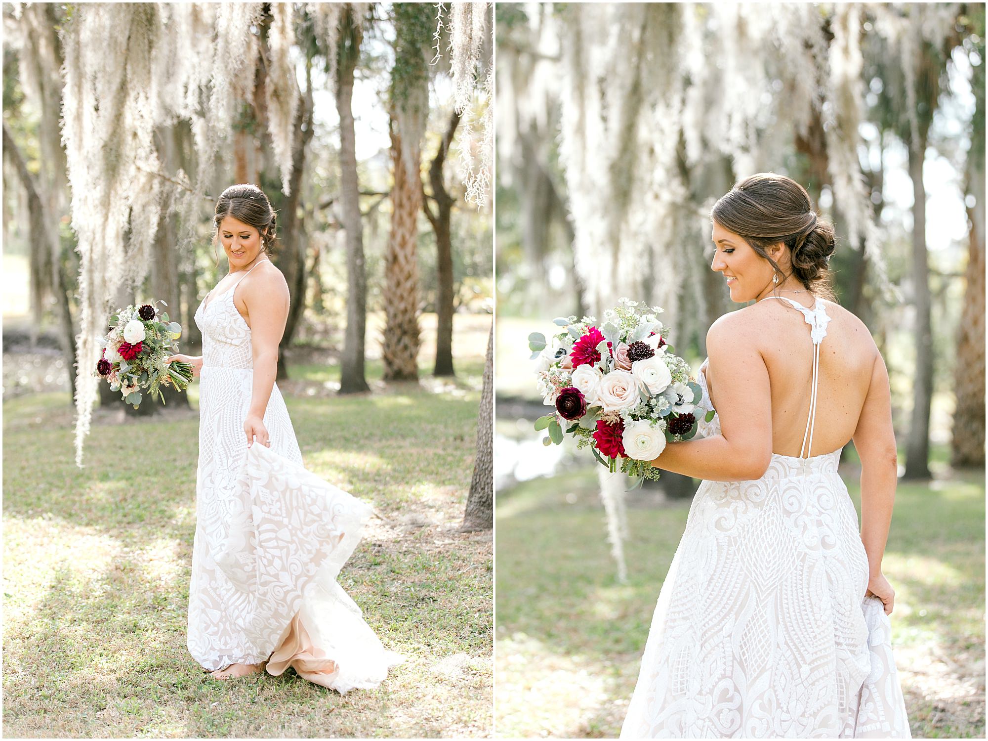 Bride holding her bouquet while showing off her dusty rose gown by Hayley Paige
