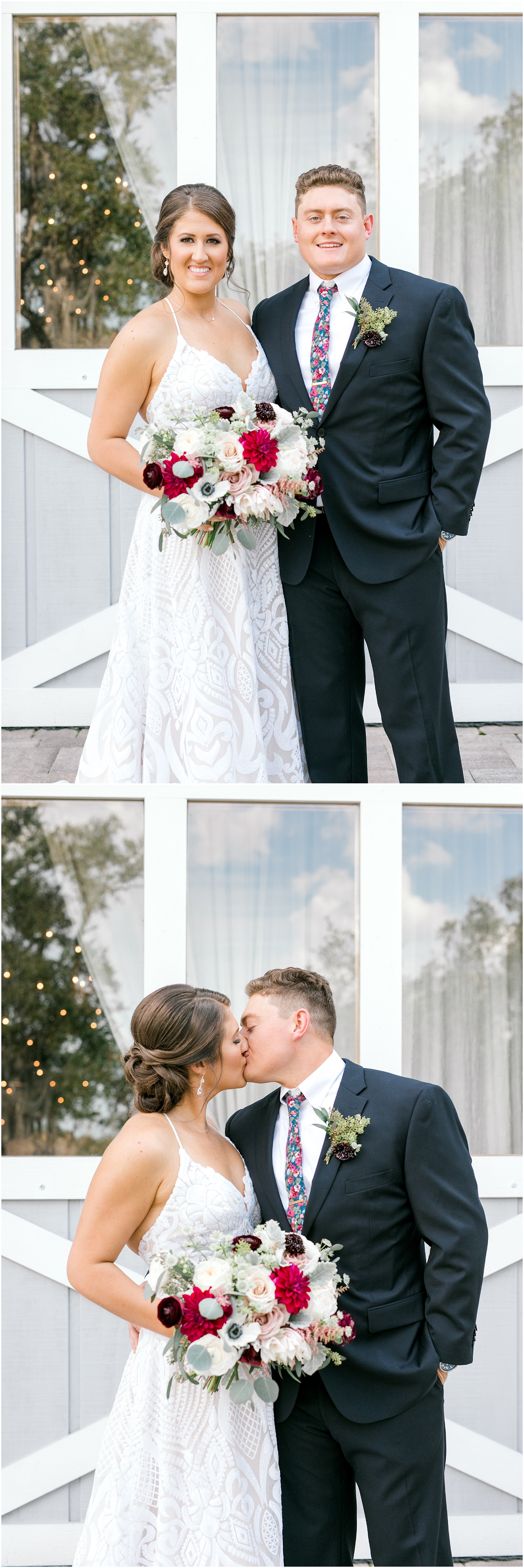 Dusty rose and burgundy wedding couple standing in front of boathouse door at Up the Creek Farms