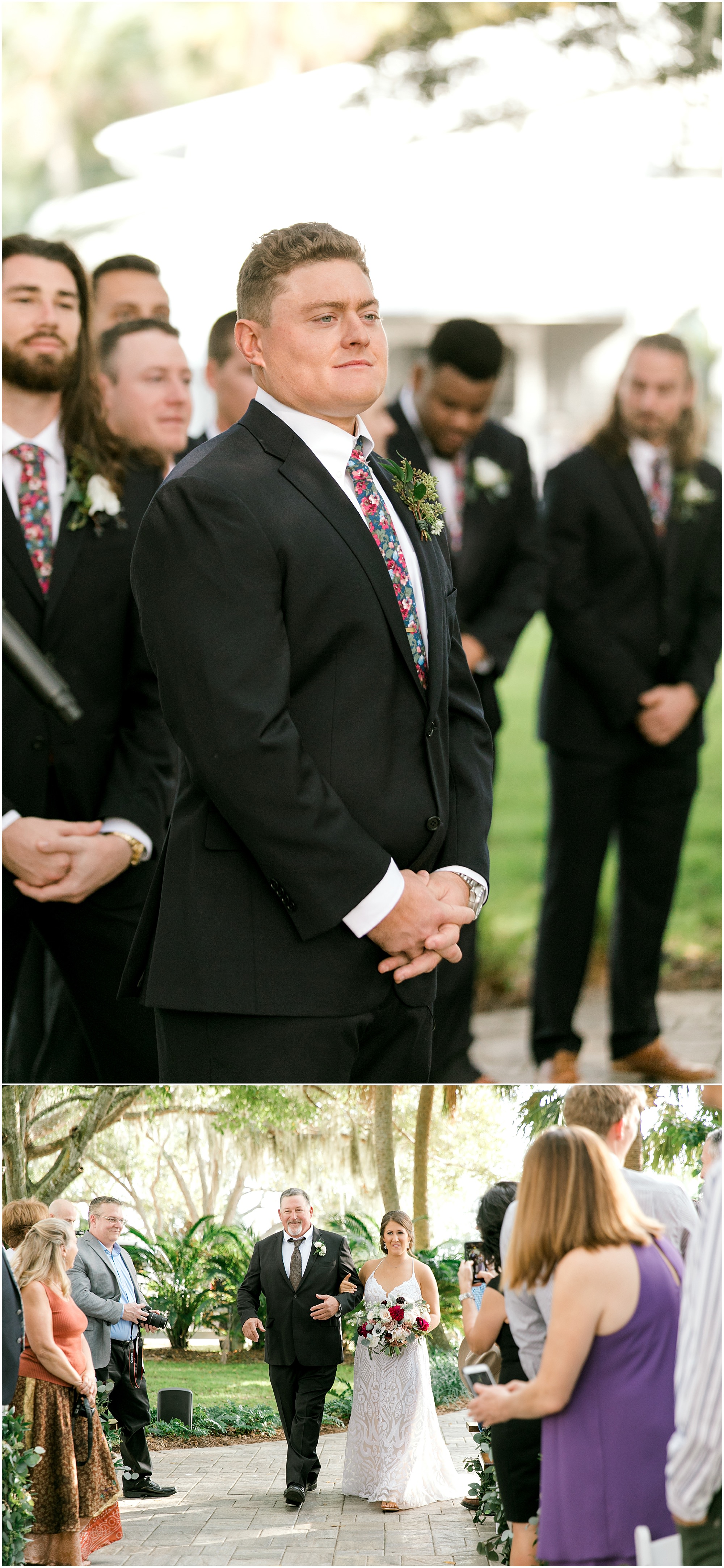 groom watching his bride come down the aisle in her Hayley Paige dusty rose wedding dress