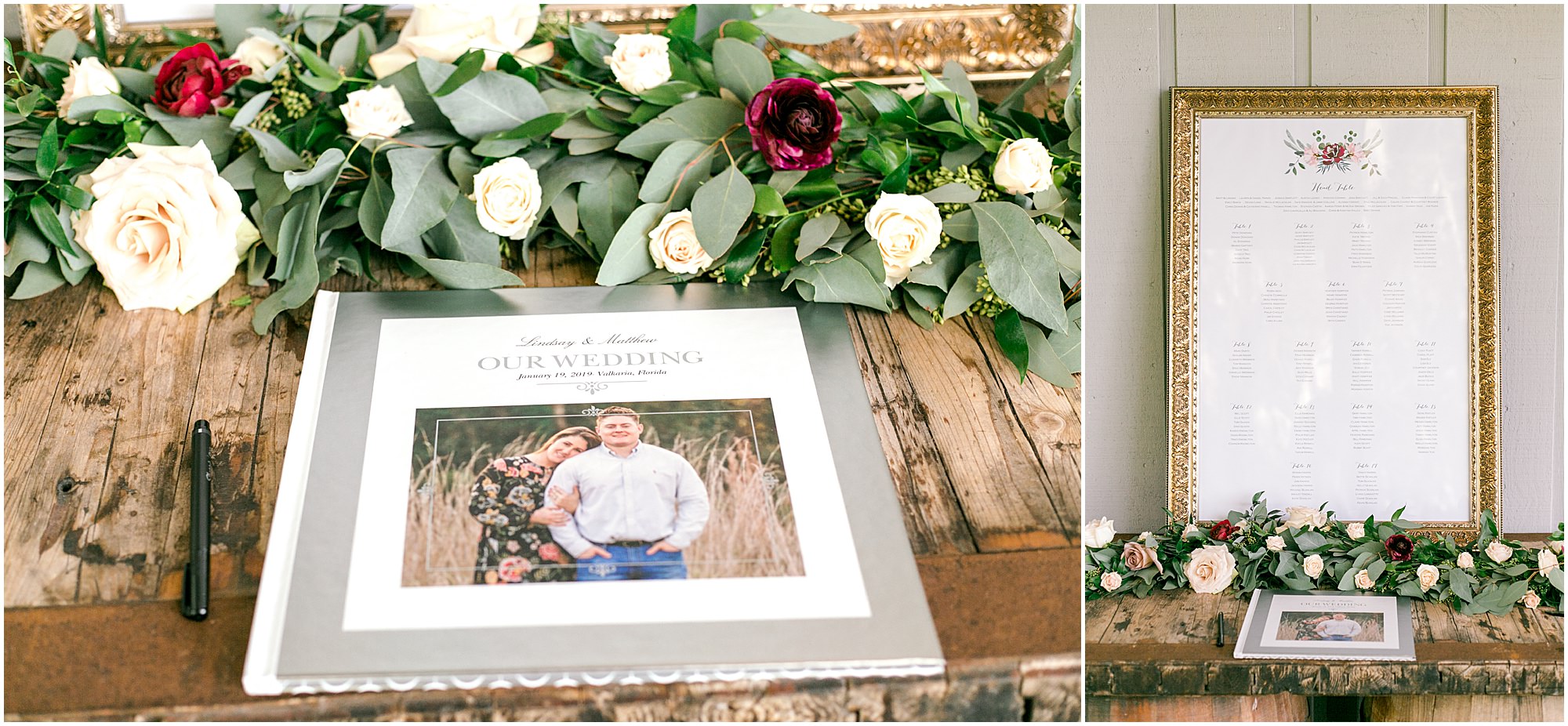 Wedding guest book and large printed seating chart from dusty rose and burgundy wedding