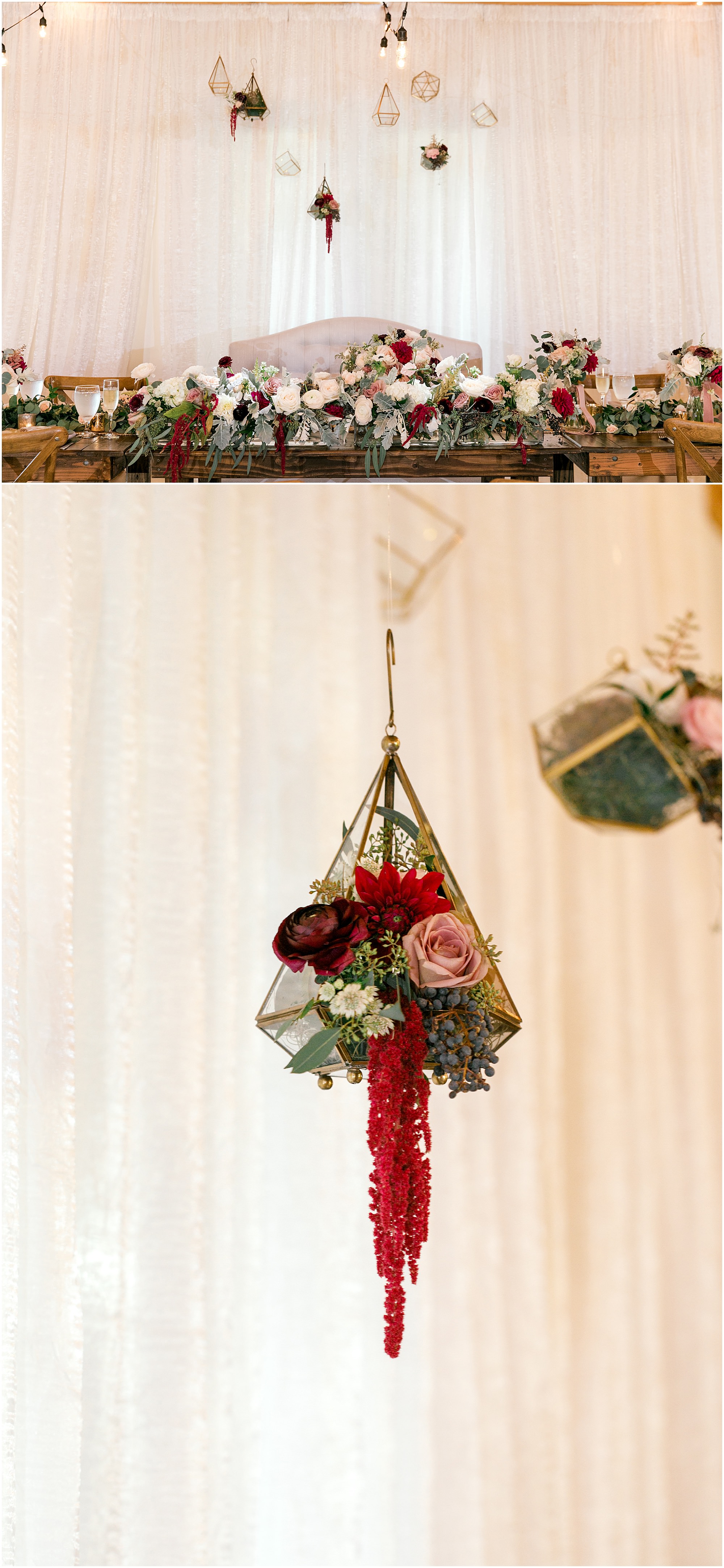 Dusty rose and burgundy wedding sweetheart table with floral decor hanging above