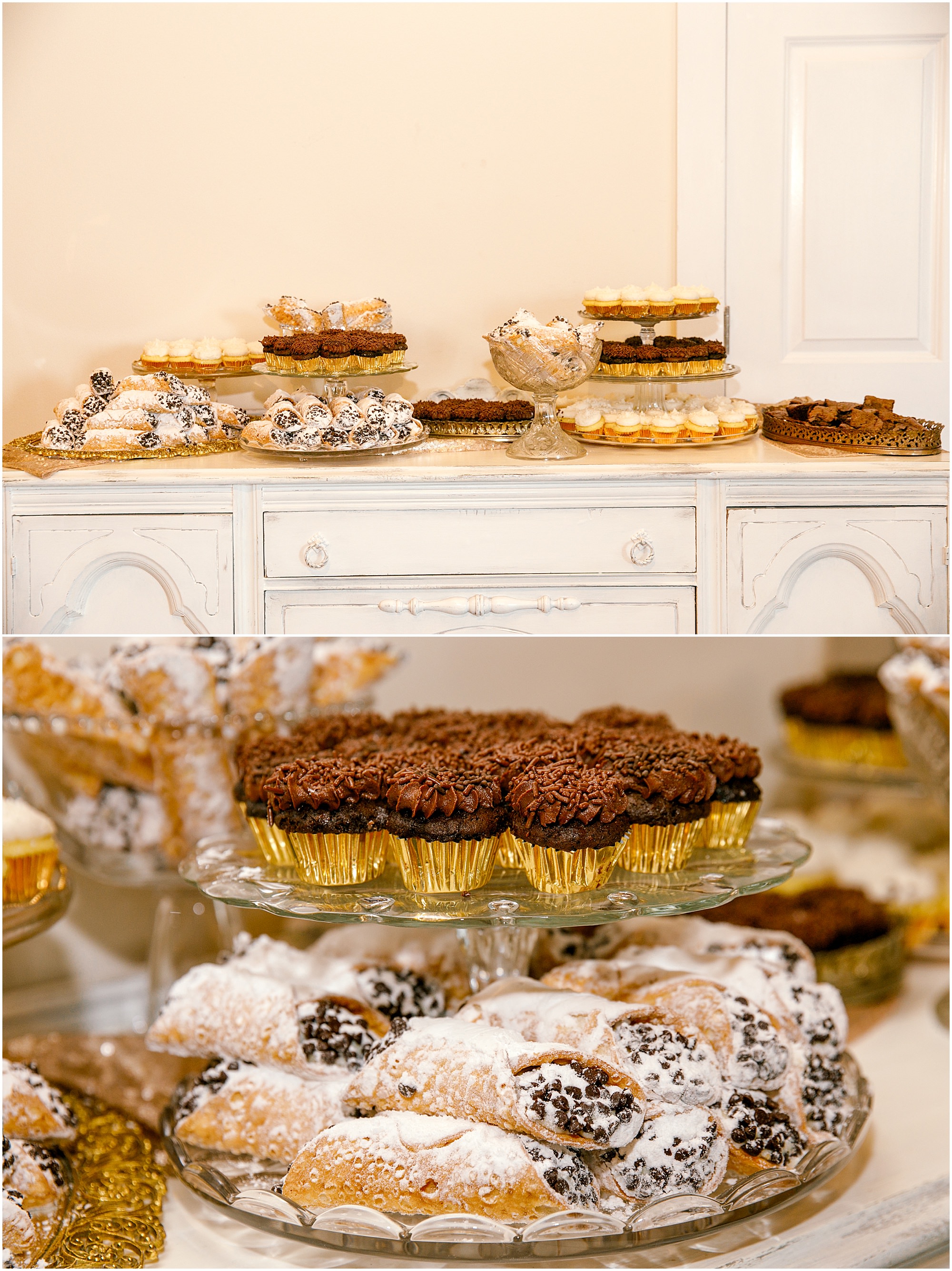 Homemade dessert table with chocolate and vanilla cupcakes along with cannolis.  