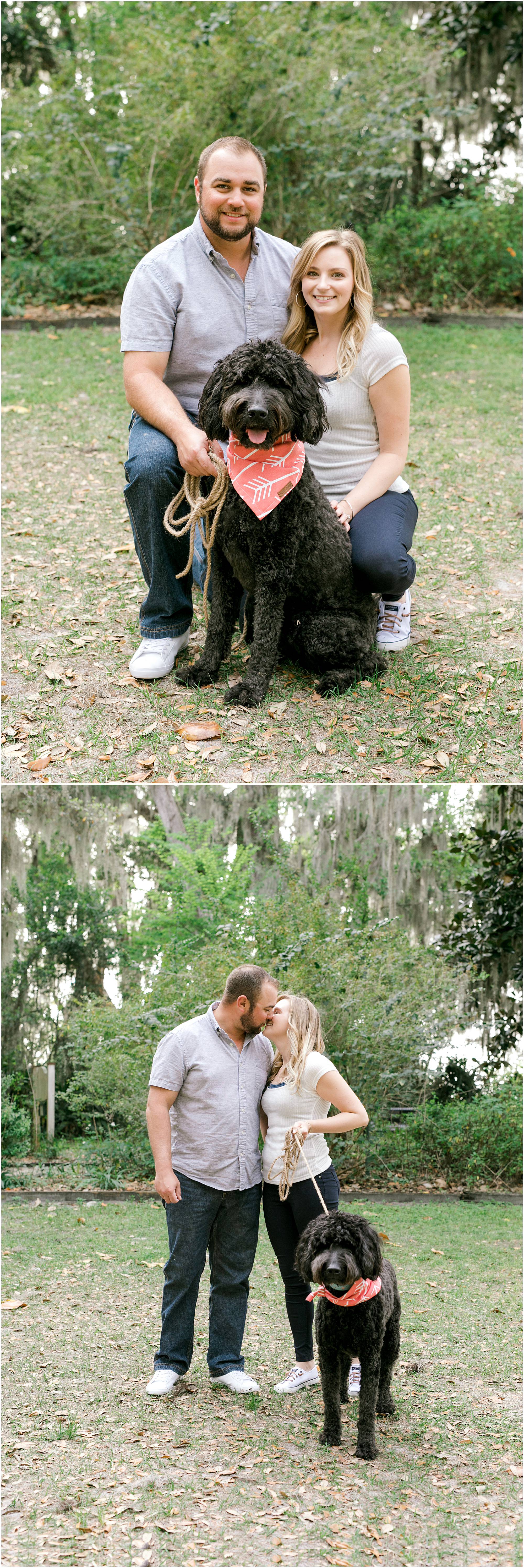 St Augustine Engagement Session couple posing with their dog outside