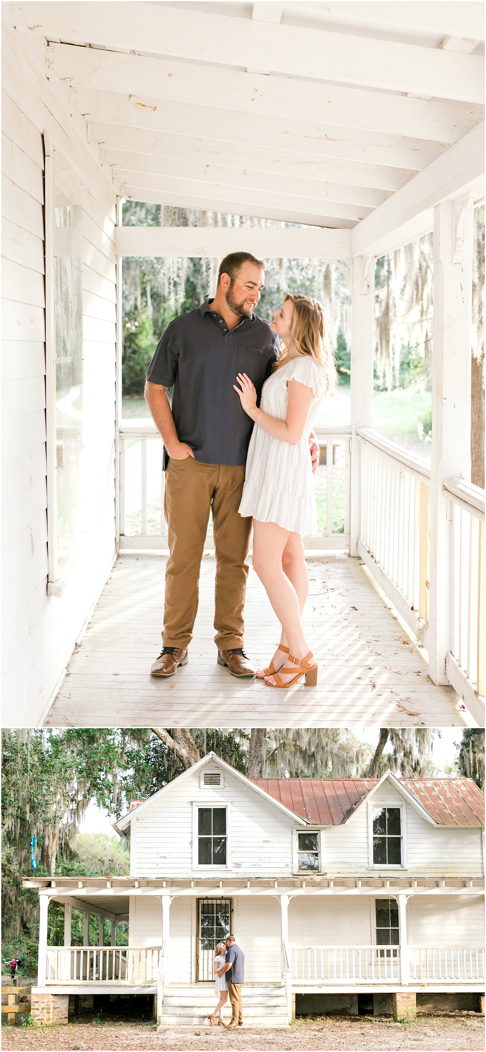 Couple stand outside of a historic house at their St Augustine Engagement Session