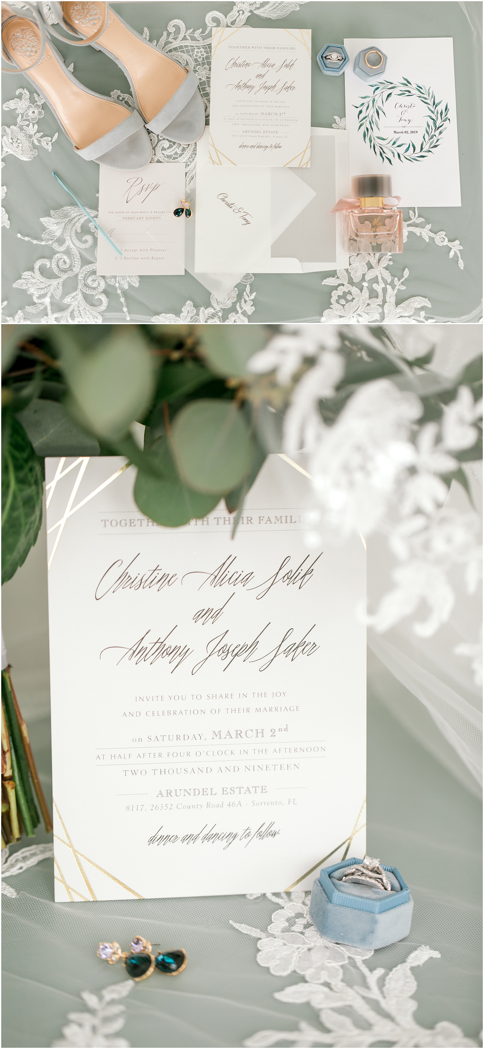 Invitation set from Minted company and other southern wedding bridal details