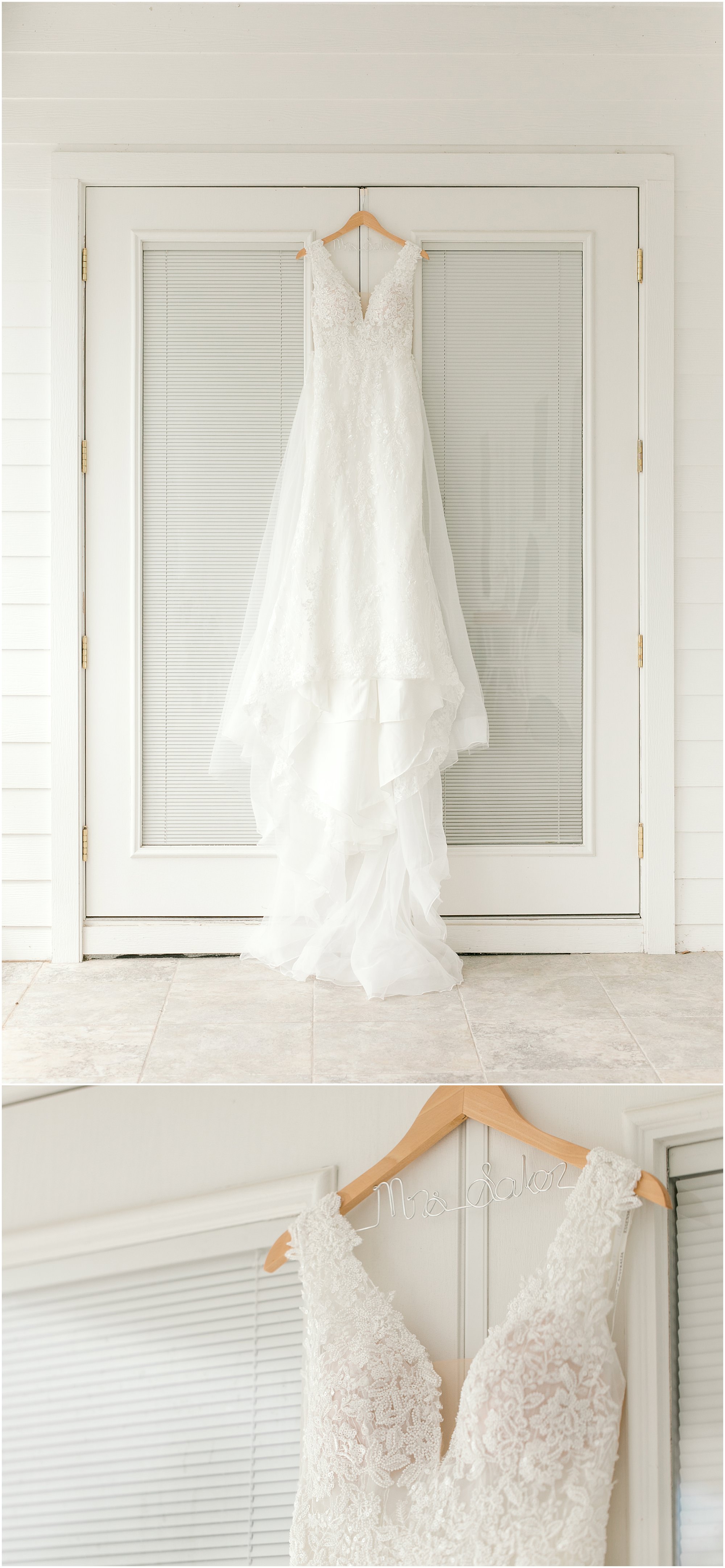 Essence of Australia wedding dress hanging from a patio door at Arundel Estate at Dreamy wedding