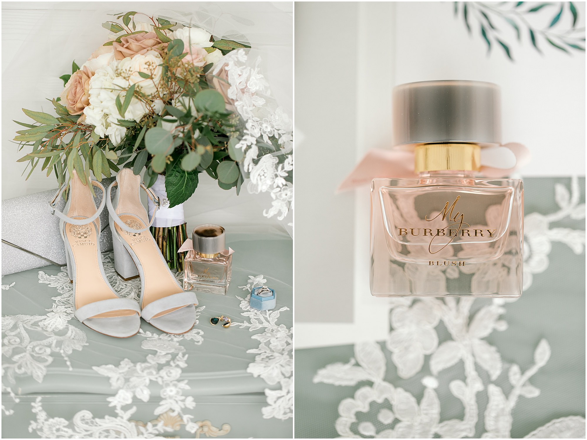 Bridal details like silver shoes and Burberry perfume