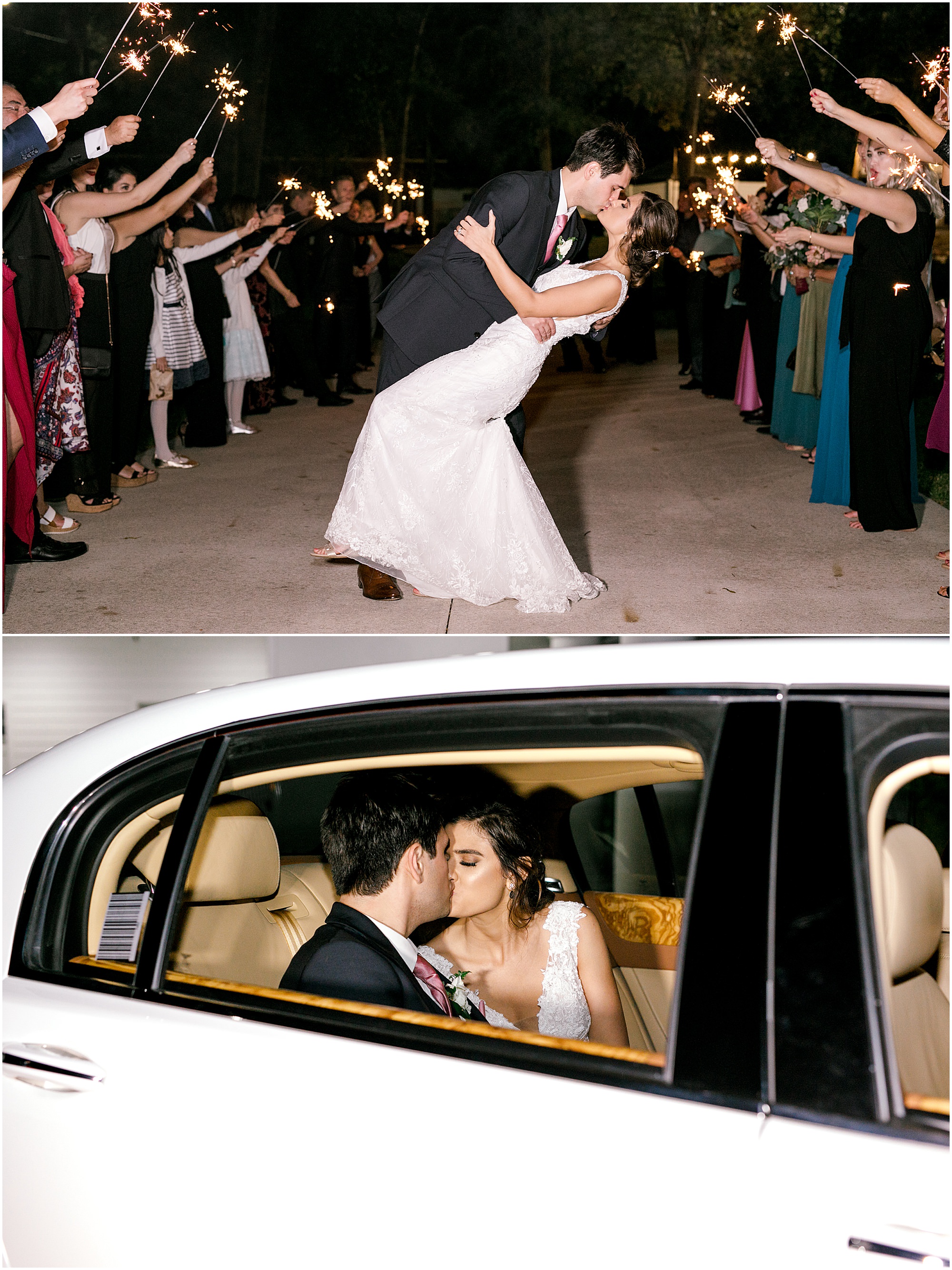 Bride and groom led out of dreamy southern wedding by a sparkler exit and share a kiss in a white Bentley.