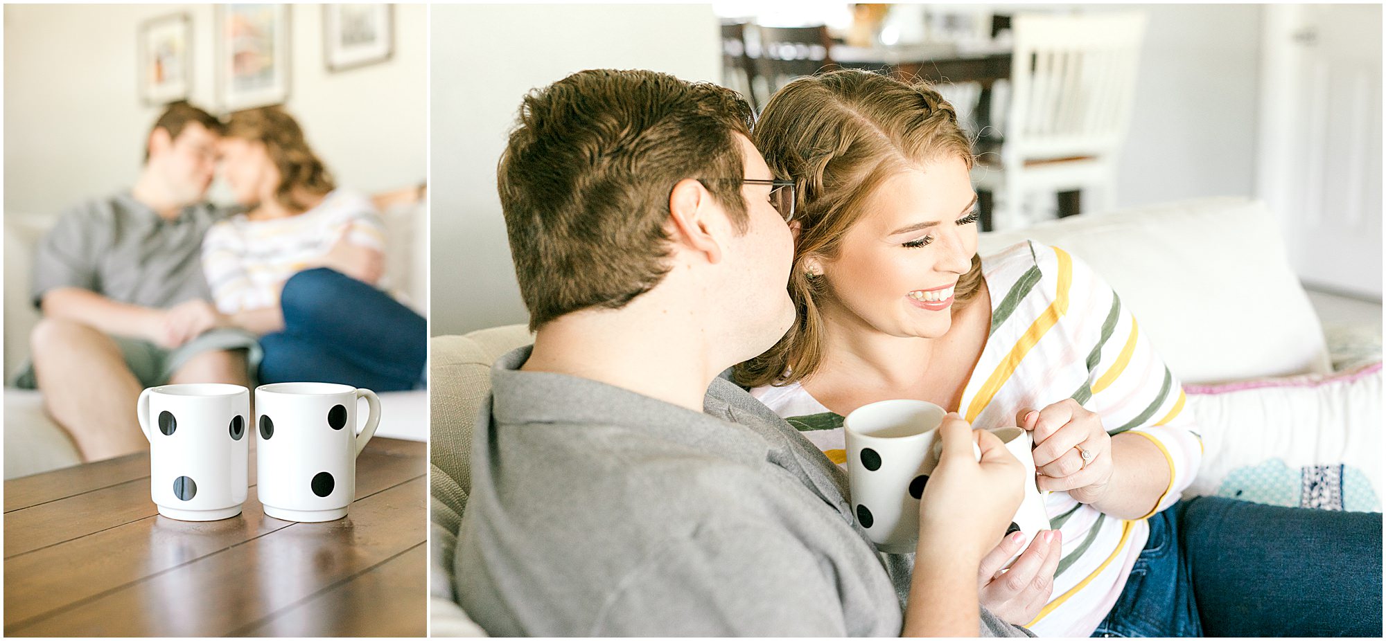 couple enjoying coffee on their couch for engagement session 