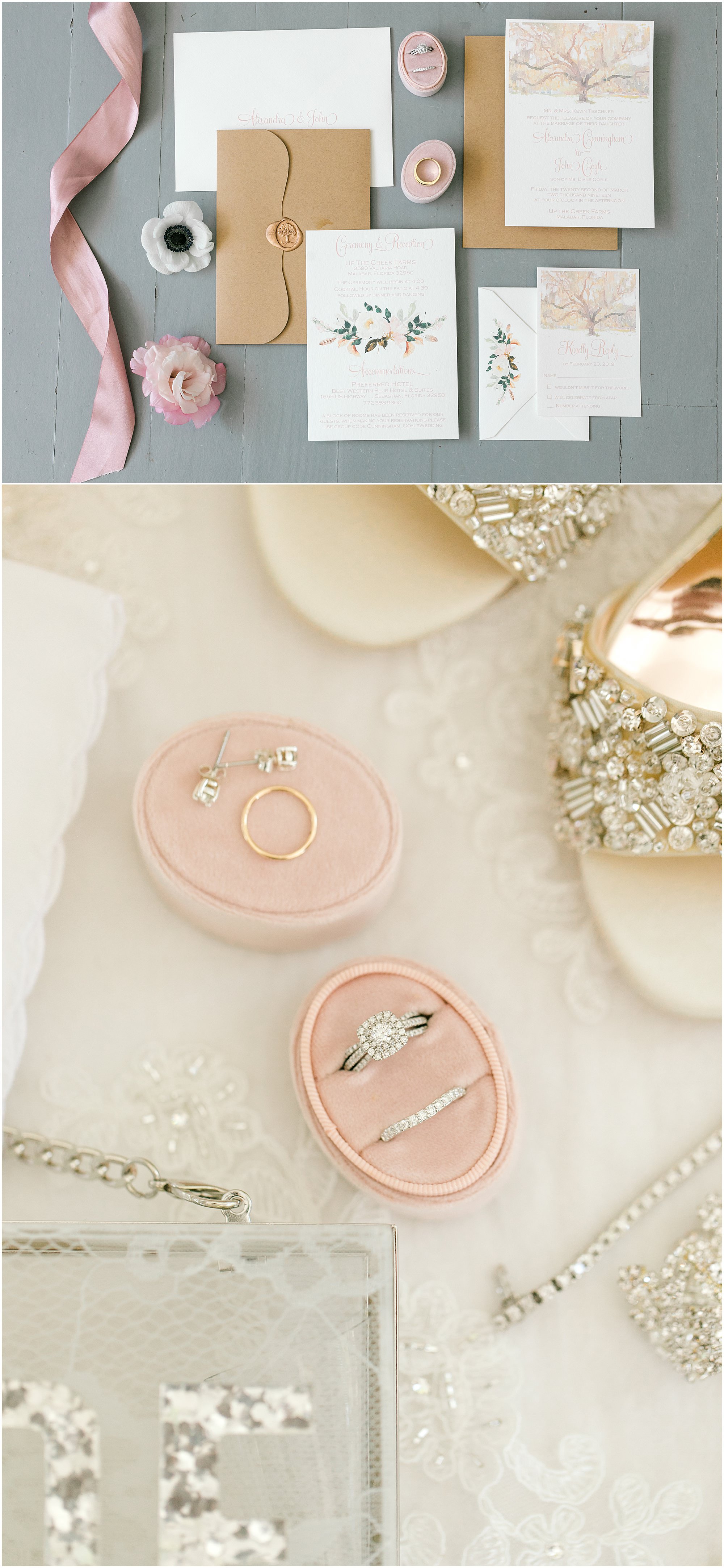 Magical Up the Creek Farms wedding stationary set and wedding rings