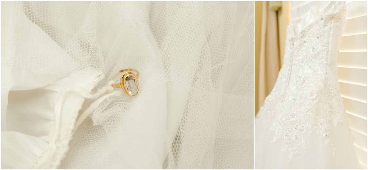 Antique gold wedding ring and close up of wedding dress.