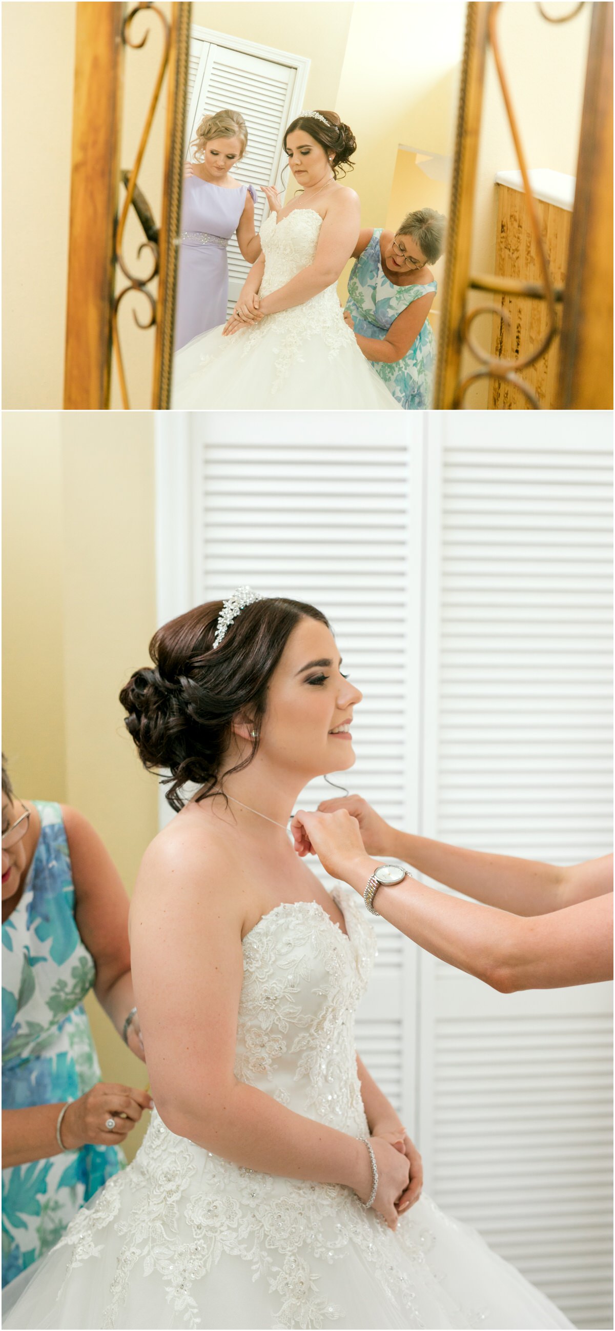 Bride having her dress buttoned up while her bridesmaid puts a necklace on her. 