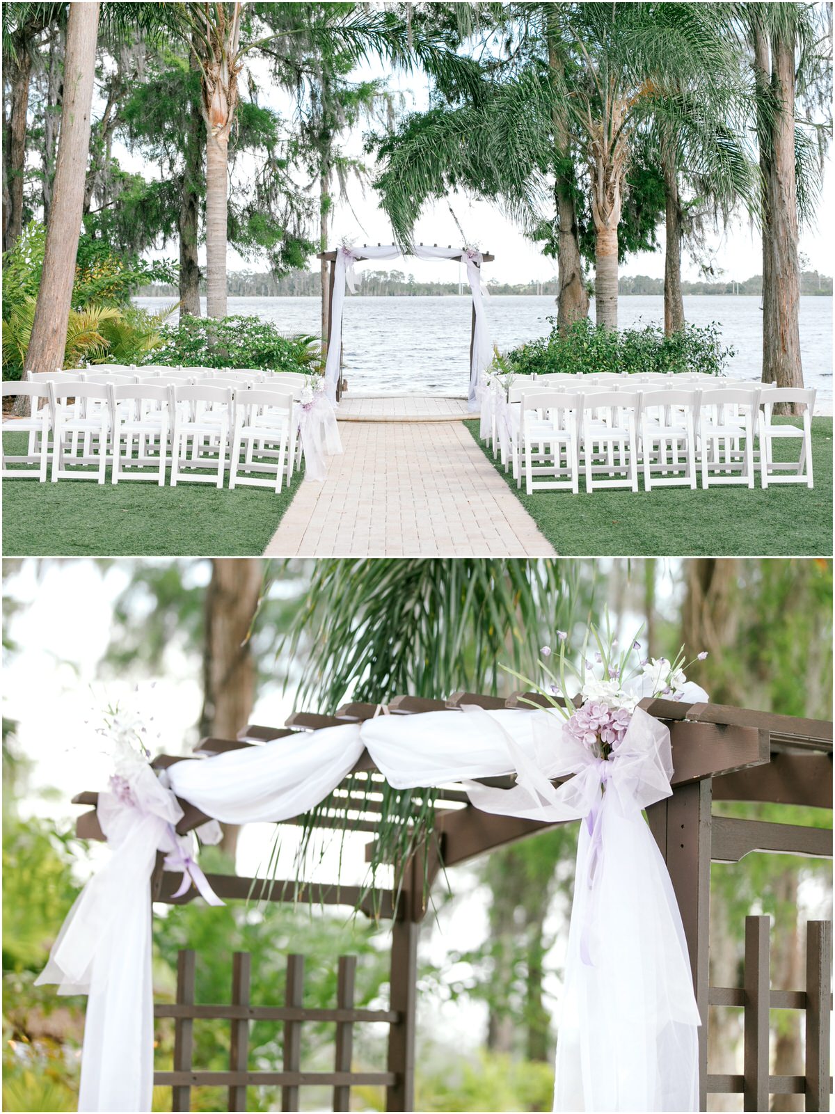 Outdoor wedding ceremony set up on the water at Paradise Cove. 