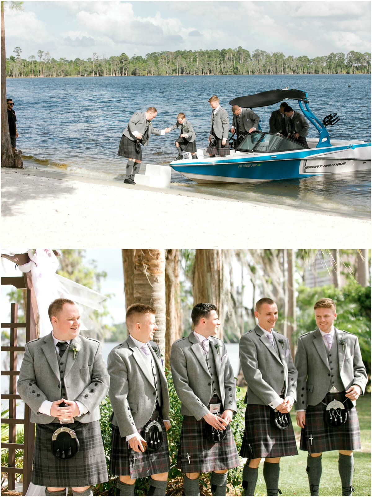 Groom and groomsmen getting off the boat and waiting for the bride to walk down the aisle. 