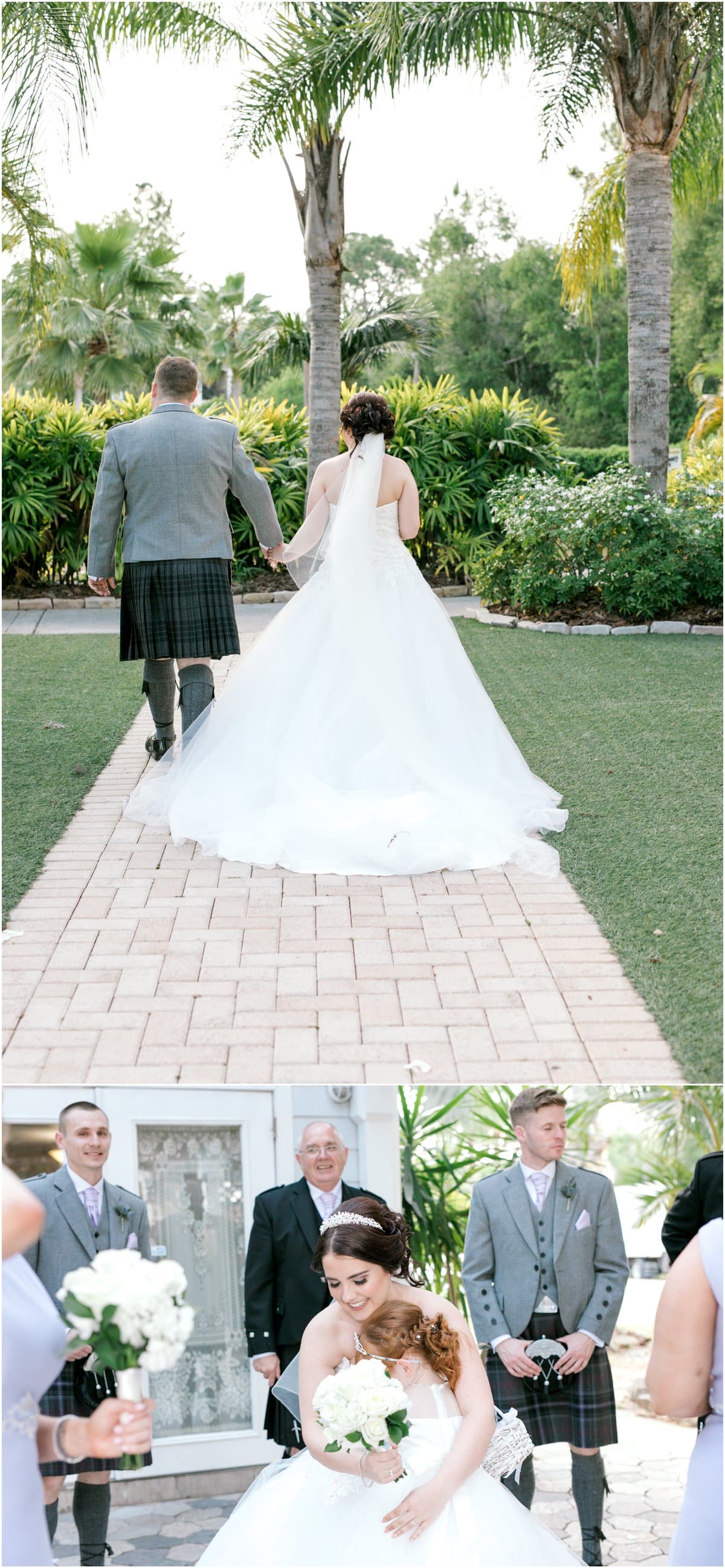 Couple walking away from their ceremony and greeting their wedding party as they follow. 