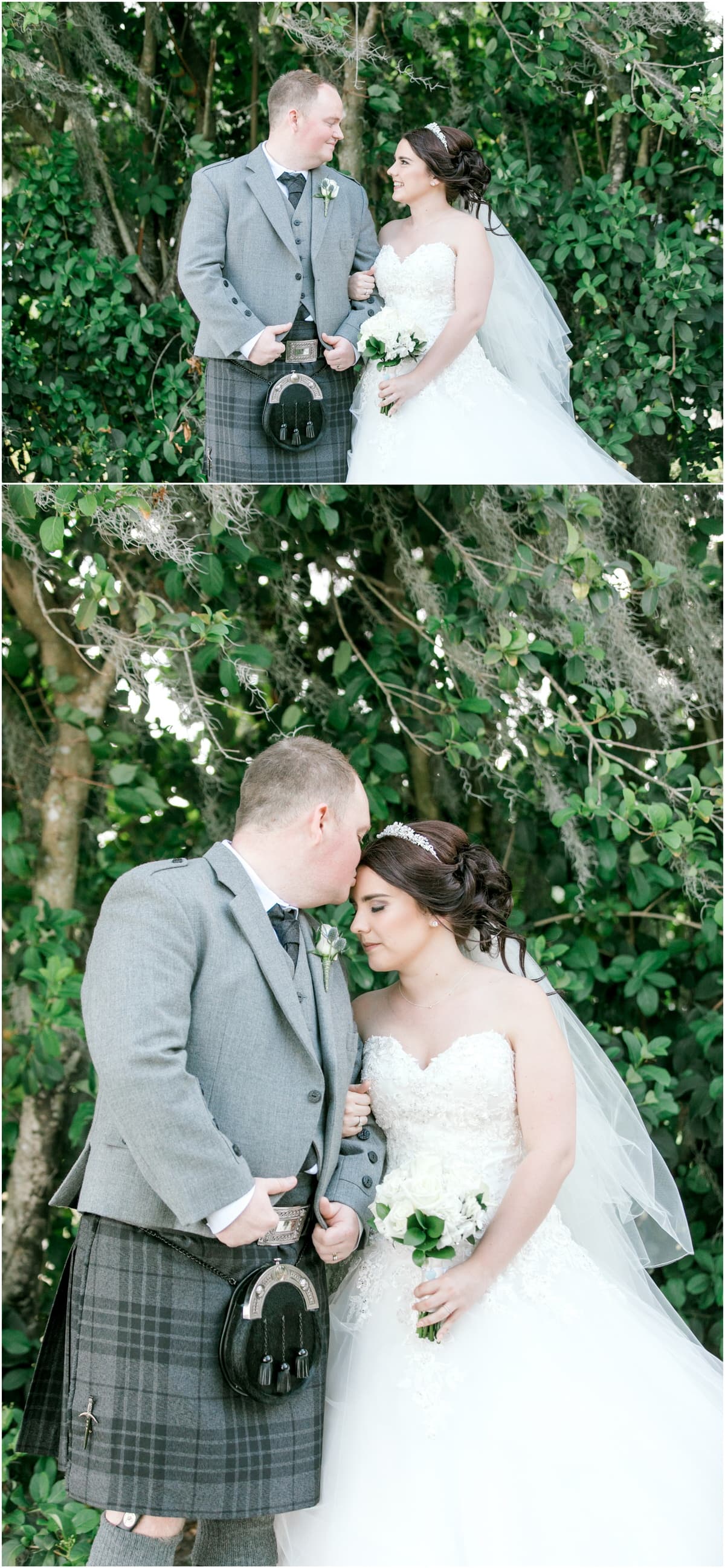 Bride and groom taking portraits outside in front of greenery. 