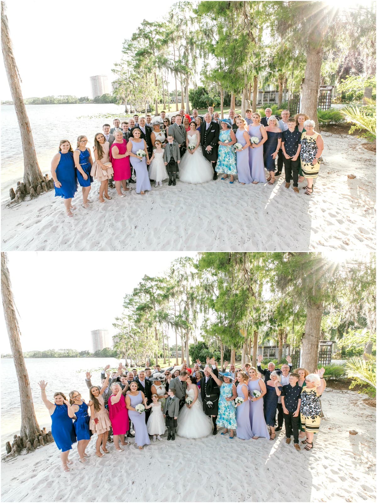The entire wedding party and guests taking a group shot on the beach. 
