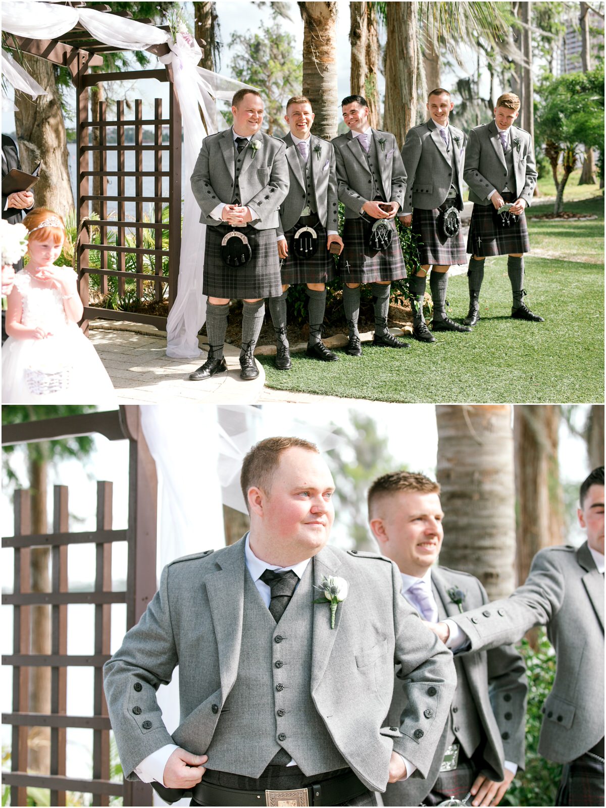 Groomsmen supporting the groom as the bride walks down the aisle.