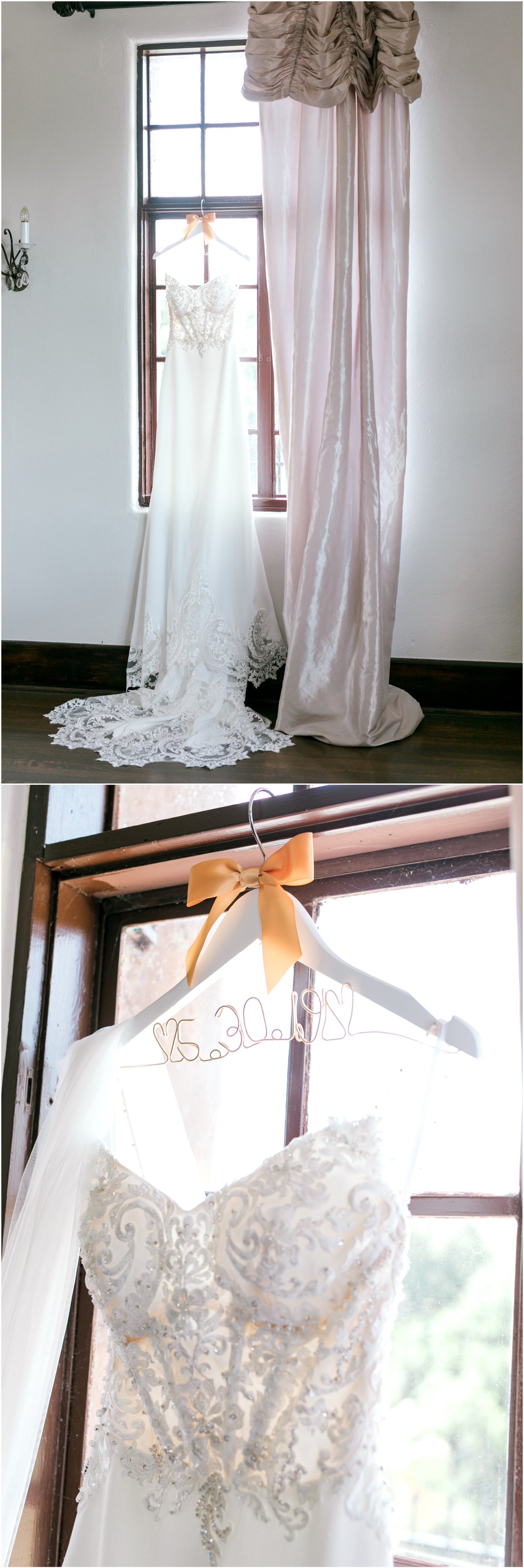 Wedding dress hanging in the window at the howey mansion