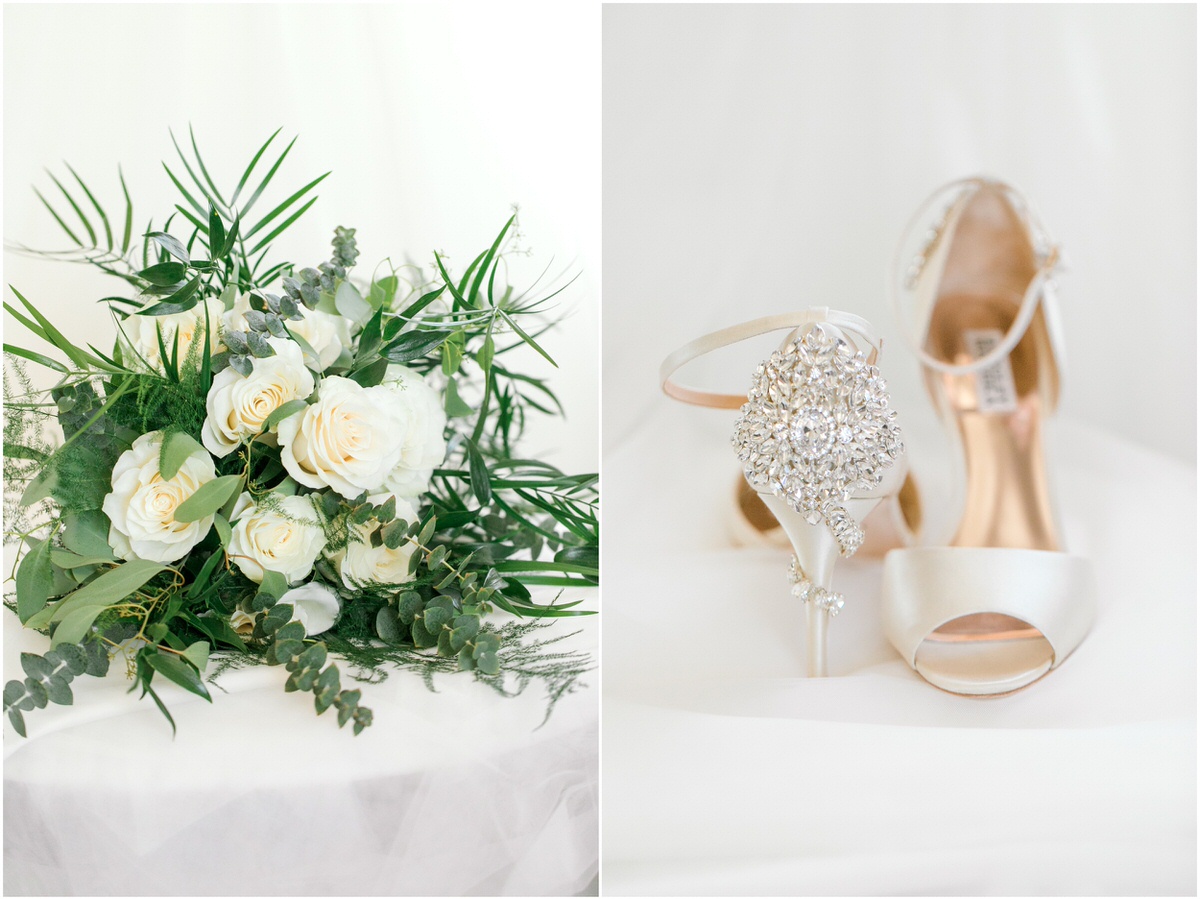 Bride's green and white bouquet and champagne shoes with embellishments. 