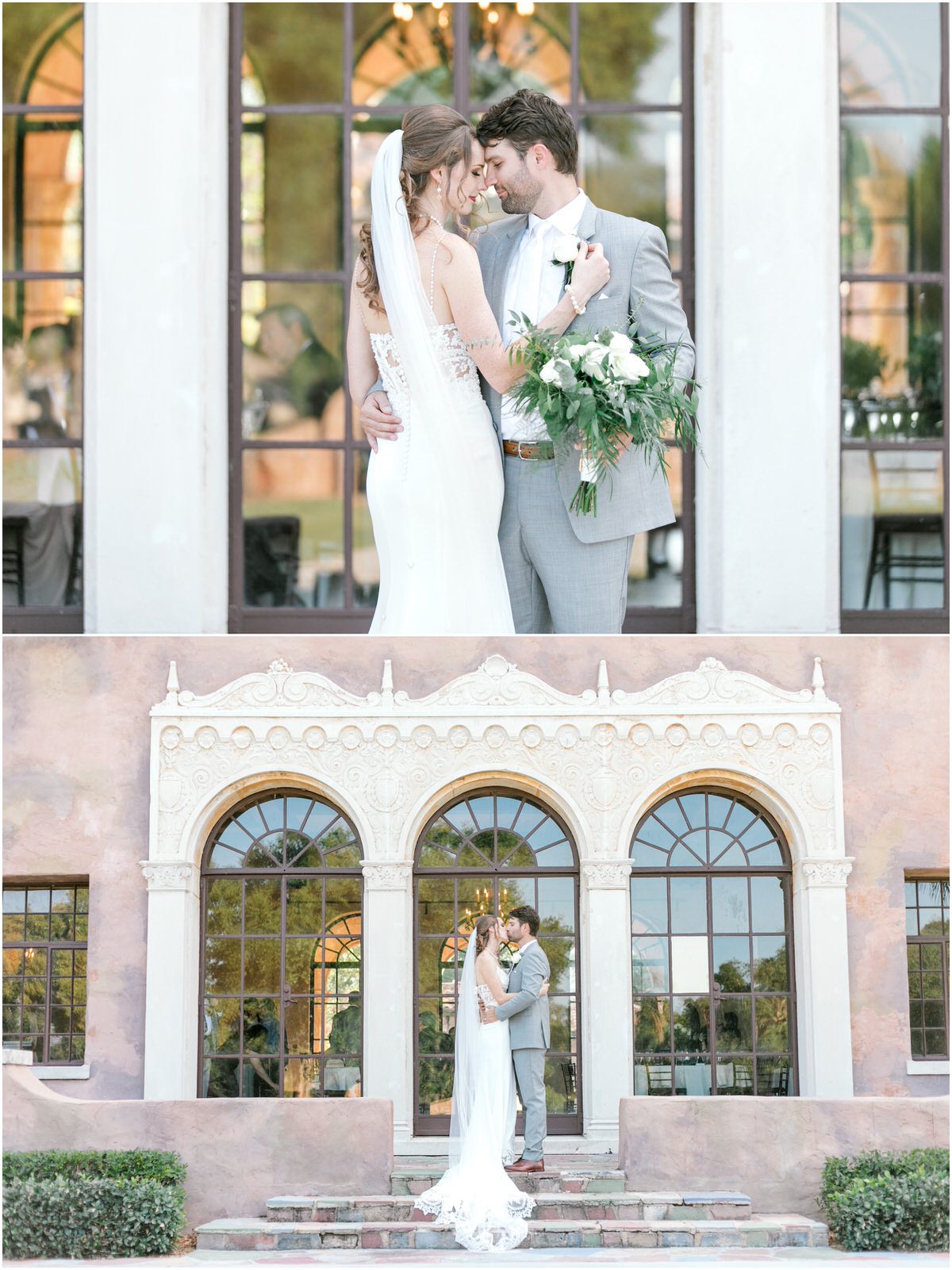 Bride and groom in front of large windows at the Howey Mansion