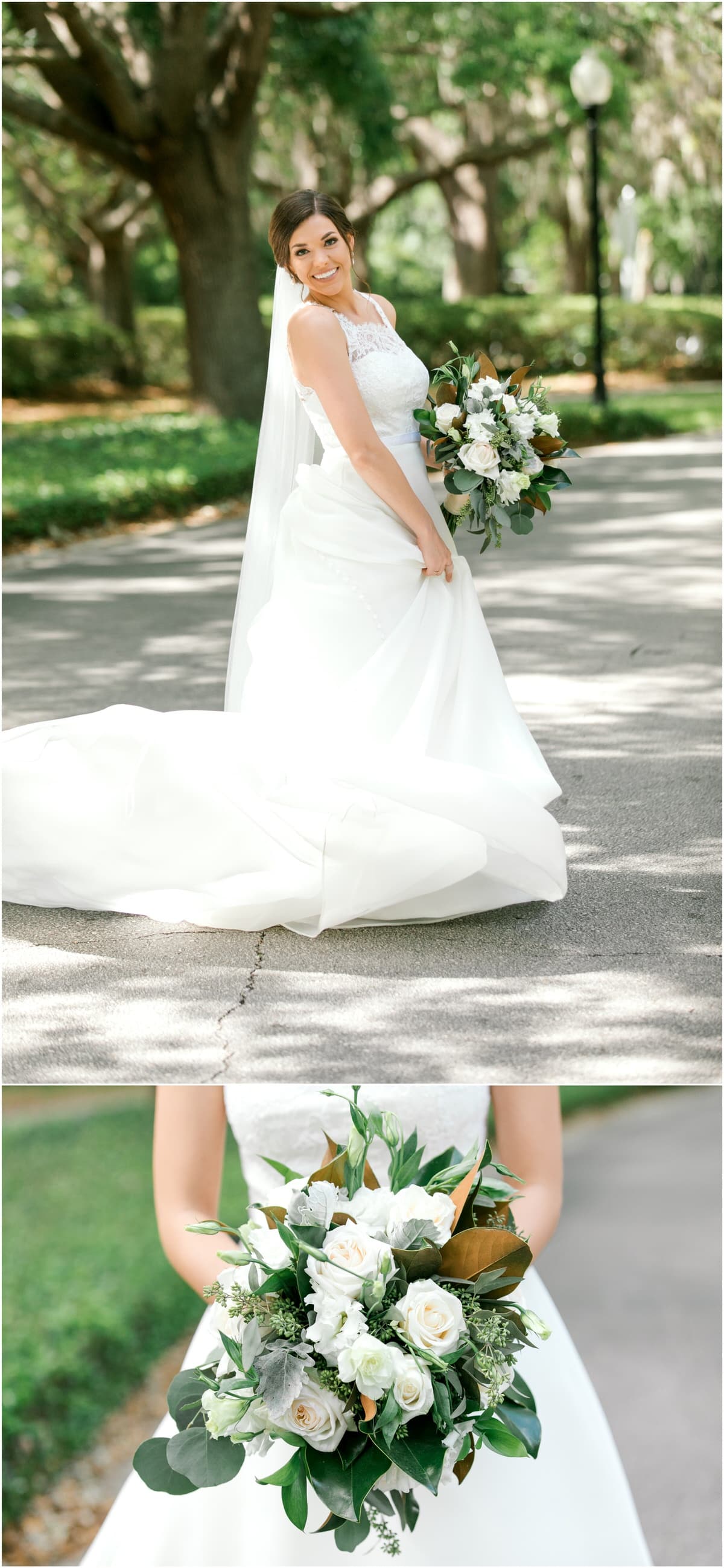 Bride in wedding dress and close up of white and green wedding bouquet