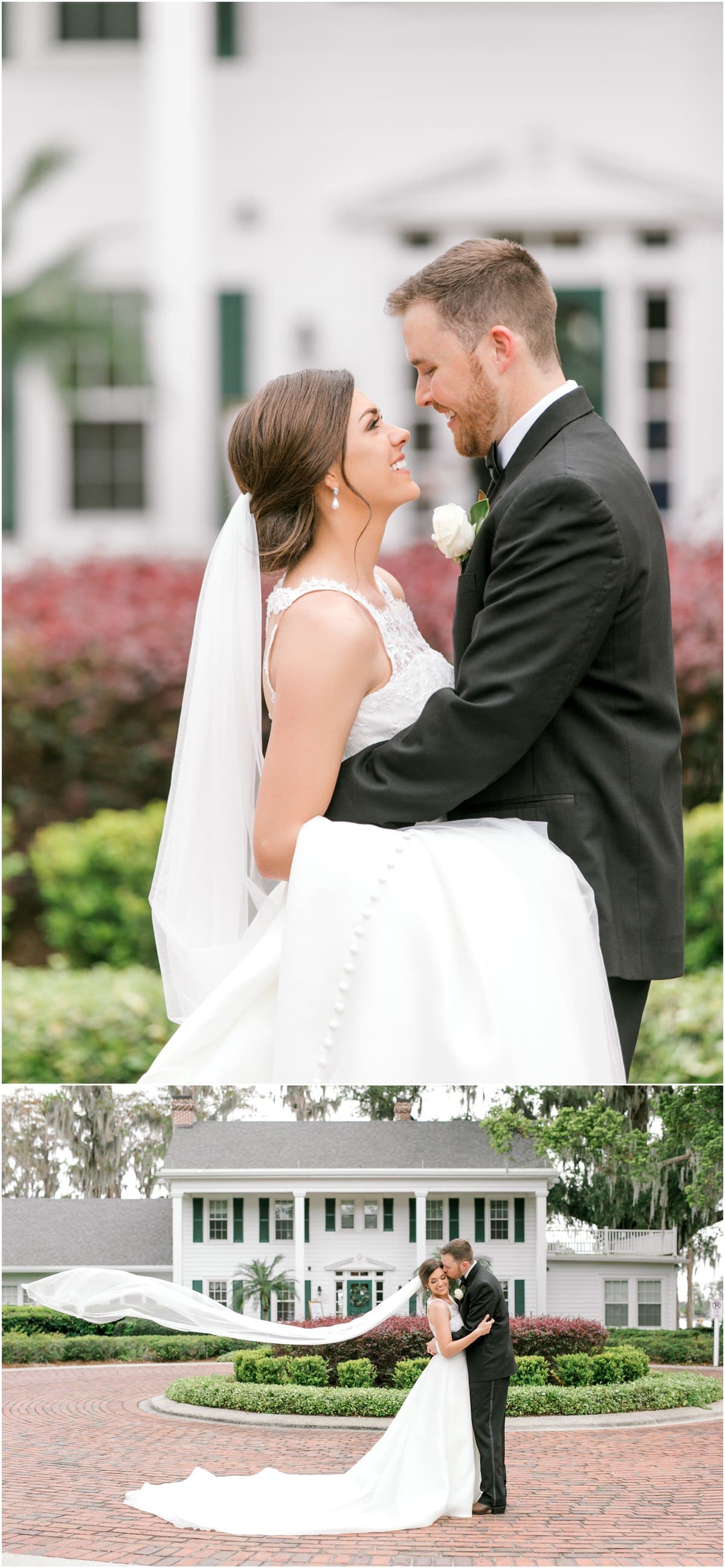 bride and groom take photos in front of Florida wedding venue, Cypress Grove Estate House.