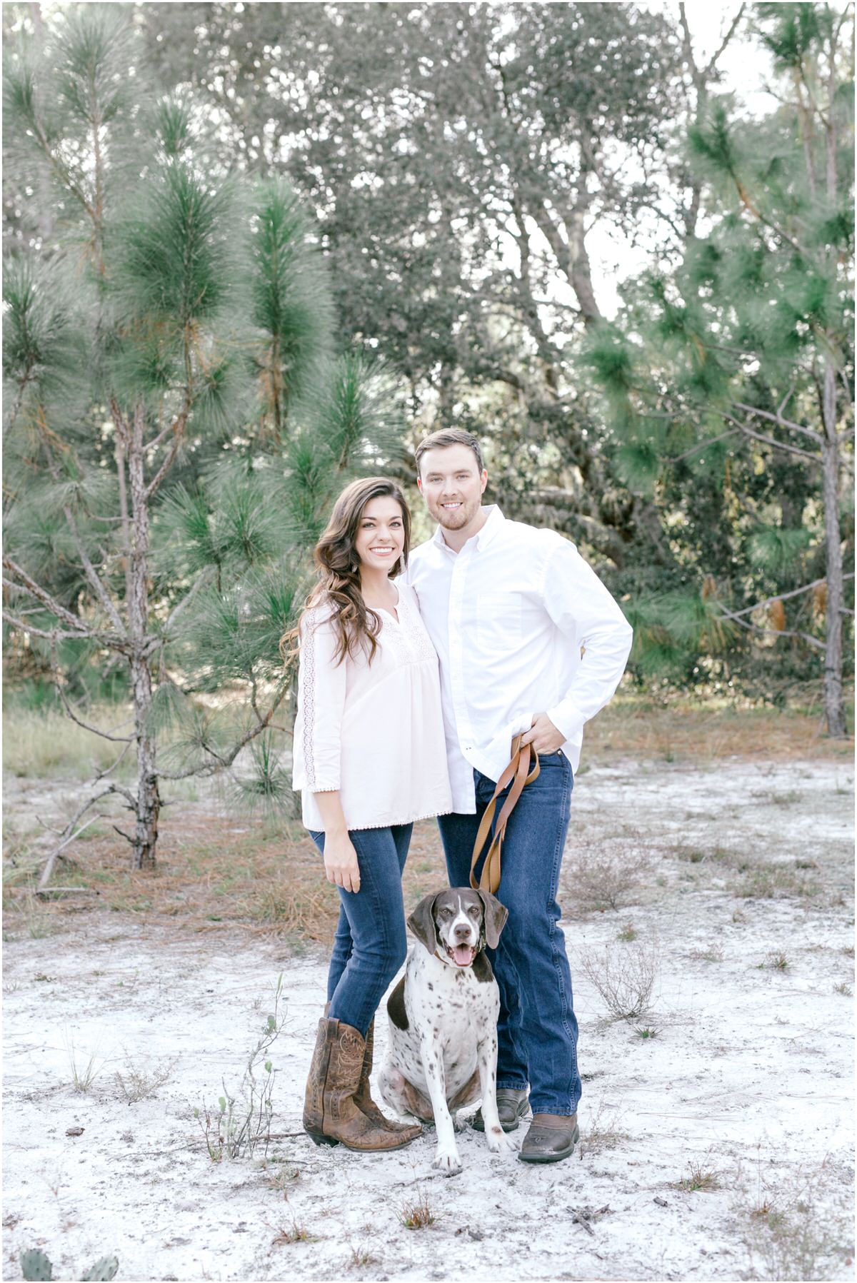 Sunny Woods Engagement Session couple with their dog