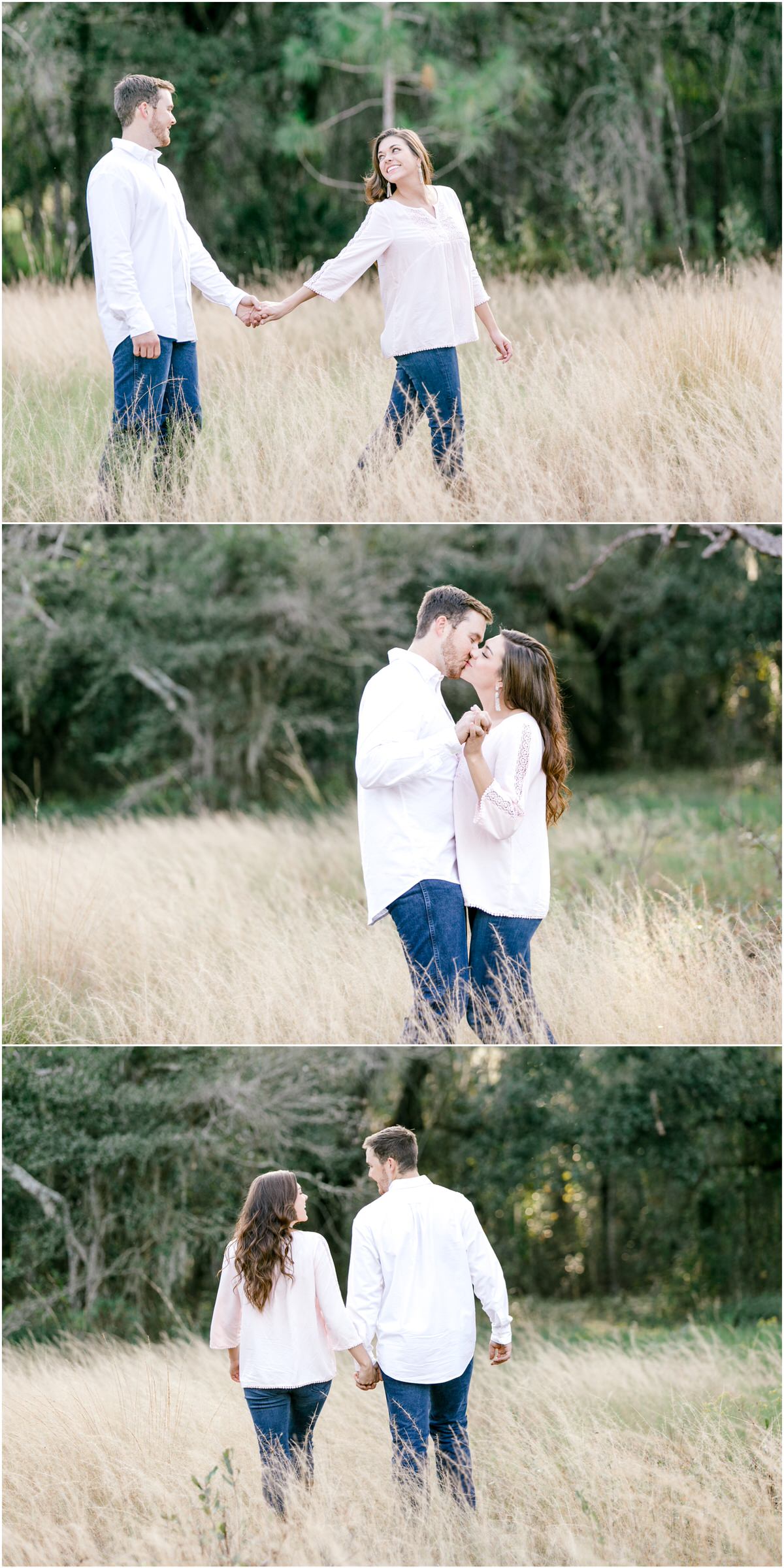 Couple holding hands and kissing in tall grass