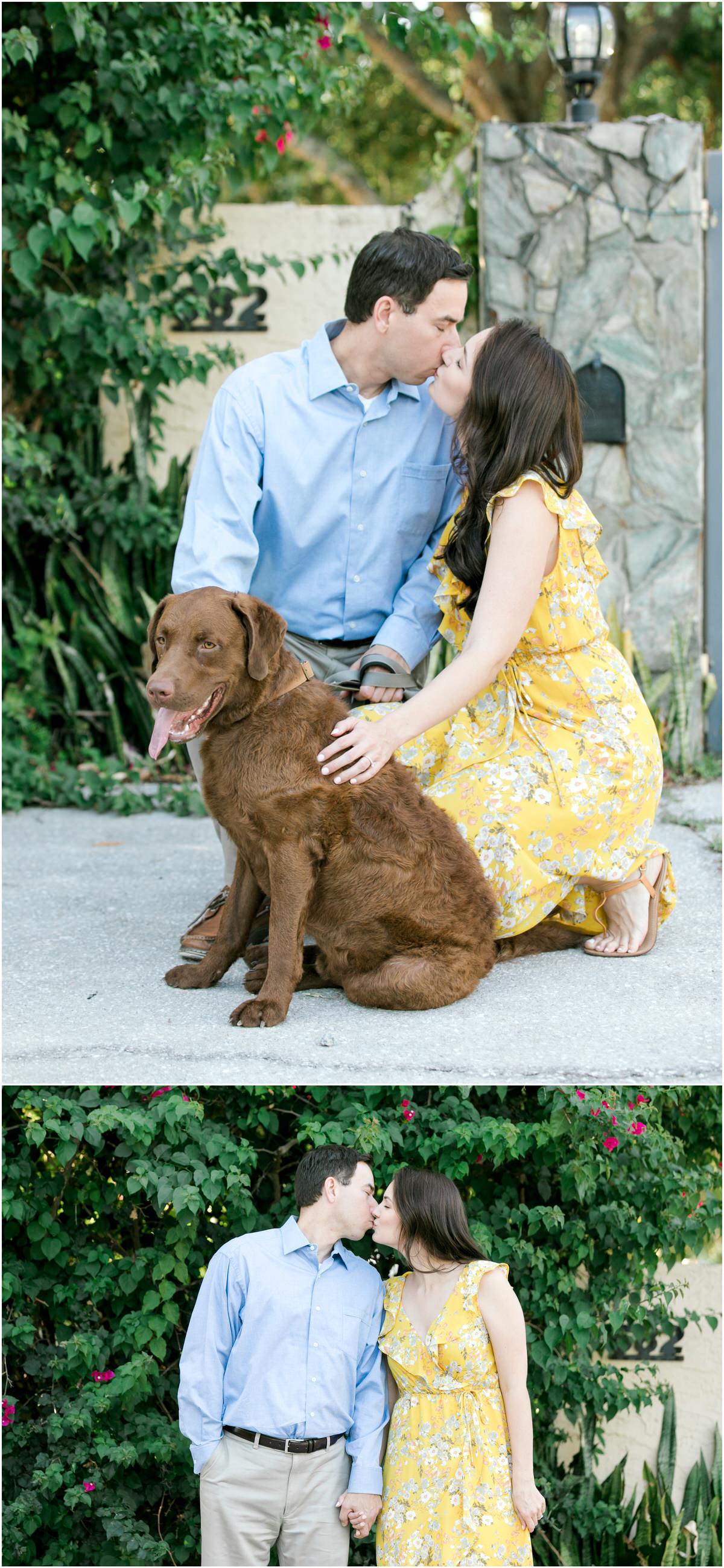 Engaged couple outside with dog
