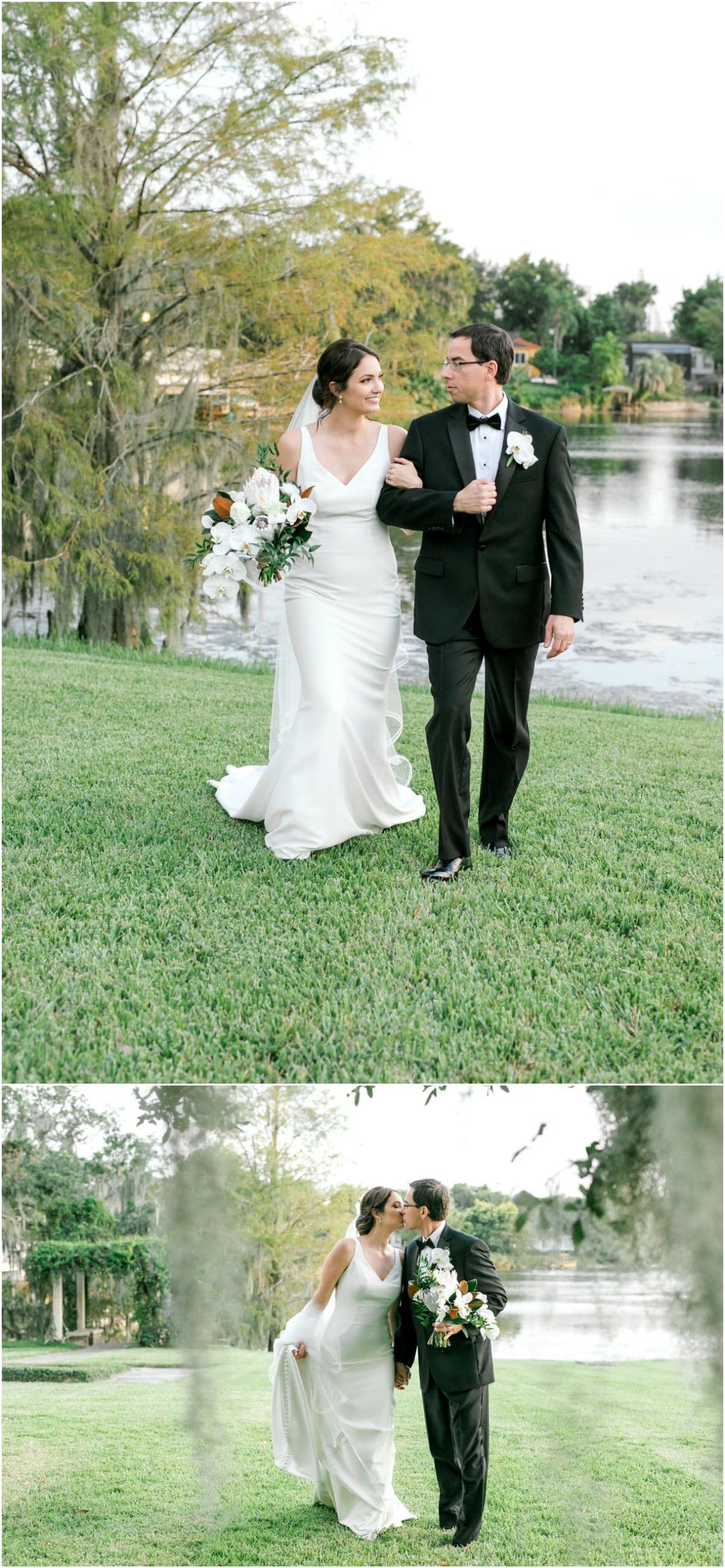 Bride and groom walking next to lake at wedding