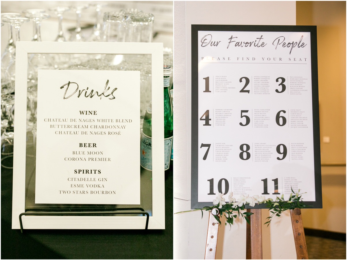 black and white wedding theme drink list and seating chart