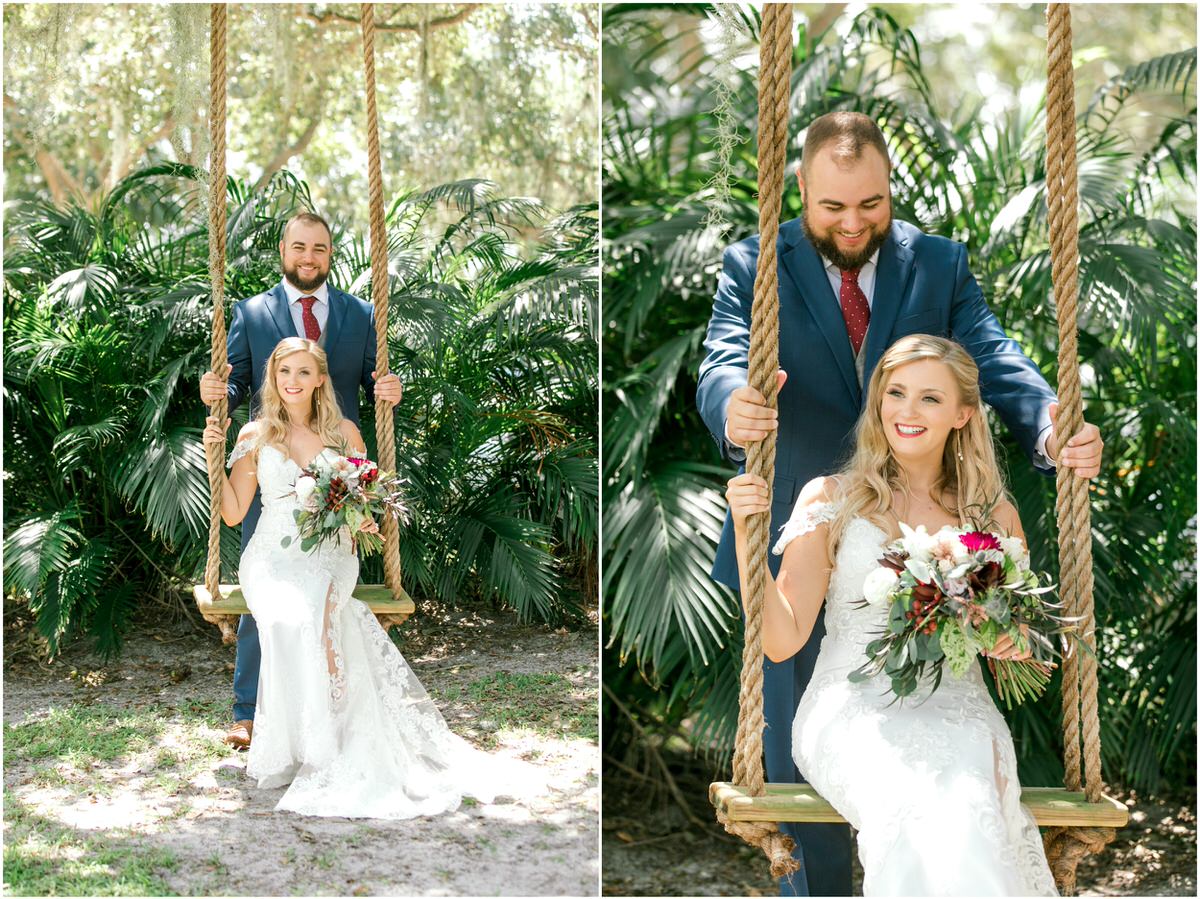 bride and groom on tree swing