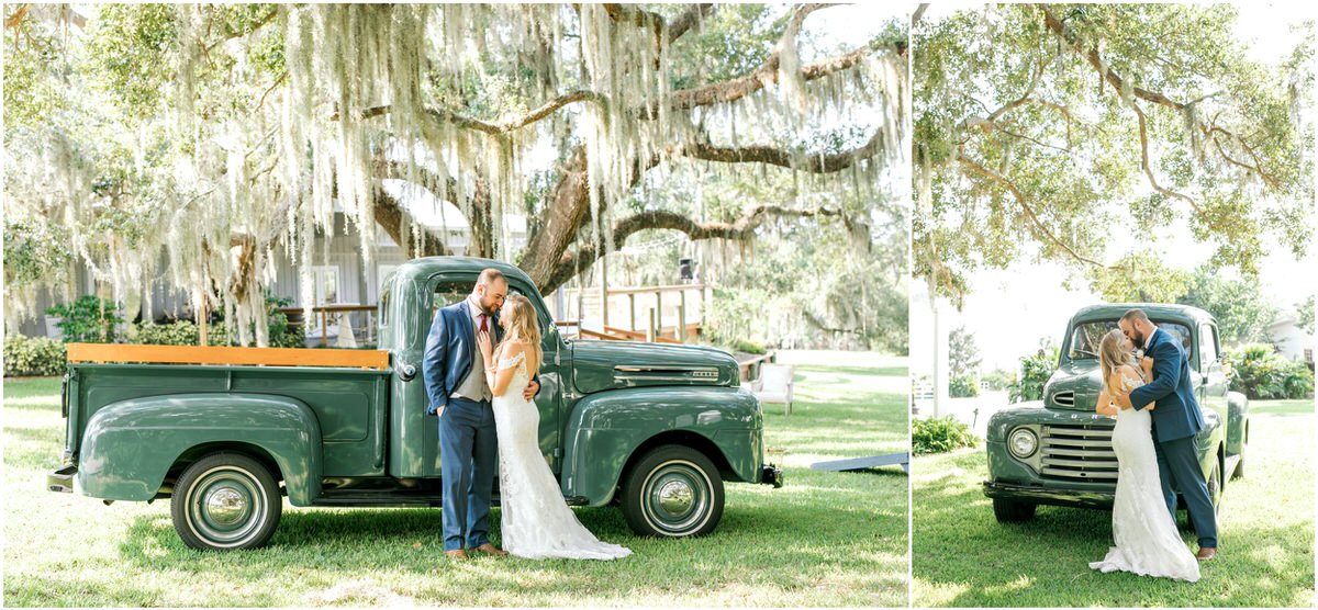 bride and groom with vintage pickup truck