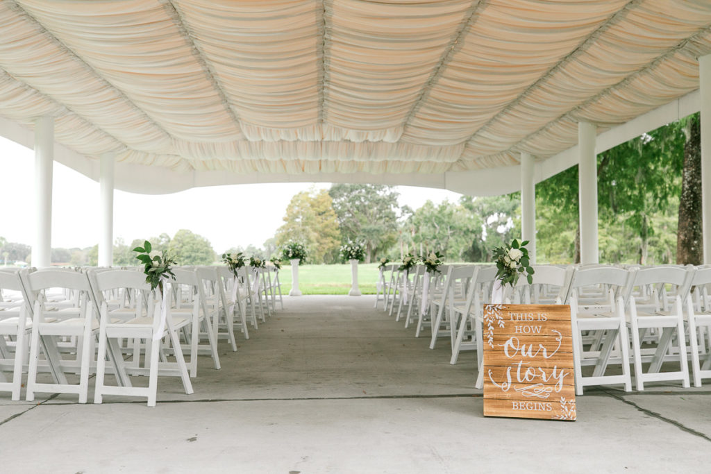 Outdoor ceremony site under fabric roof canopy