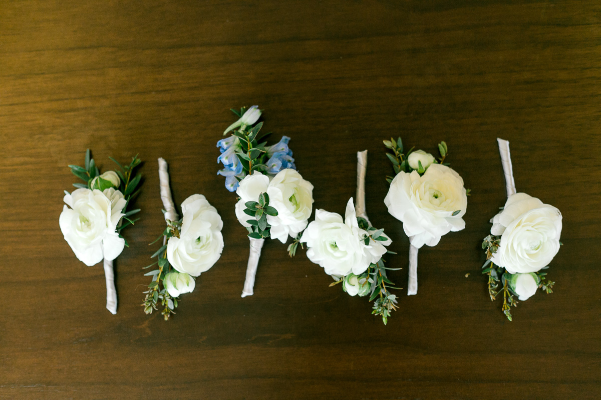 white flower boutonnières for vintage blue wedding  
